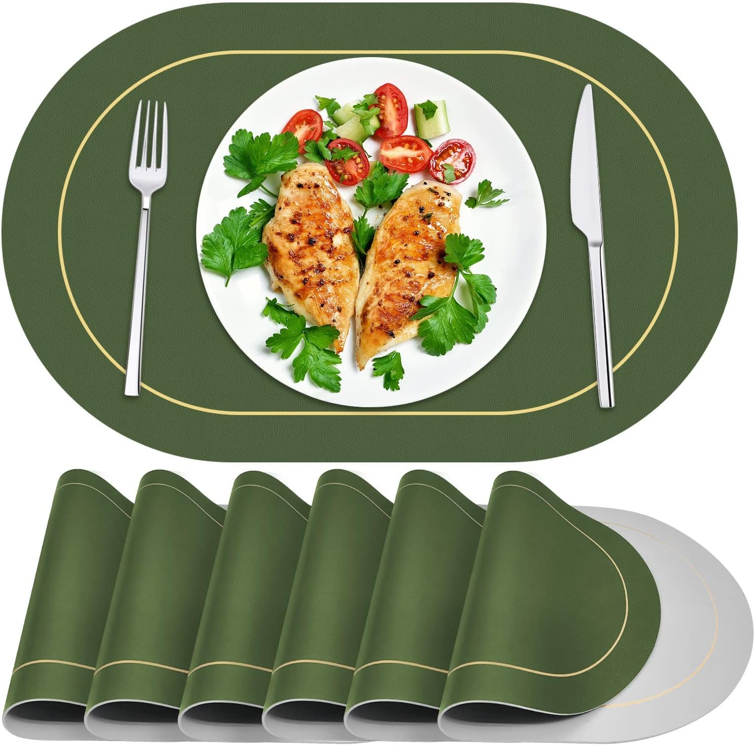 Reversible Placemats Set of 6, Faux Leather Heat Resistant Placemats Washable Table Mats Wipeable Place Mats for Dining Table Wedding Coffee Shop Decorations (Green)
