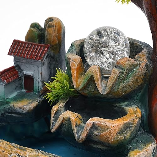 Miniatura 6 de Fuentes de mesa con pequeño estanque de peces, fuente de cascada de roca interior con luces LED que cambian de color, atomizador, sonidos de agua