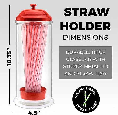 Miniatura 2 de Dispensador de popotes con tapa de acero inoxidable | Soporte para popote de vidrio rojo para encimera con tapa | Dispensadores de paja para beber |