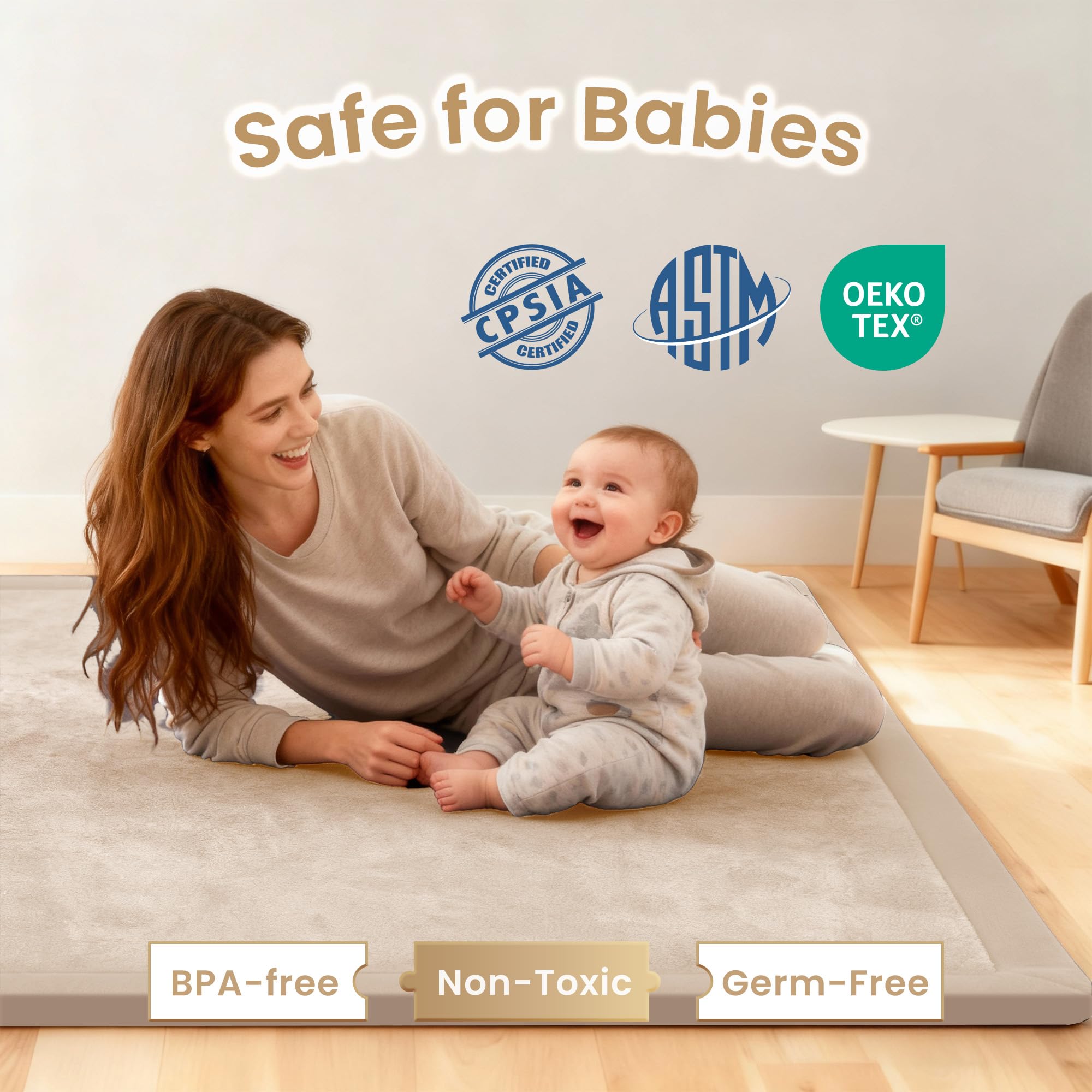 ACOMOPACK Baby Play Mat, 3.5CM Thick Memory Foam Crawling Mat, Coral Velvet Activity Rug for Tummy Time, Non-Slip Nursery Floor Mat for Toddlers, Infants, Kids (100×150cm,Beige) - 2