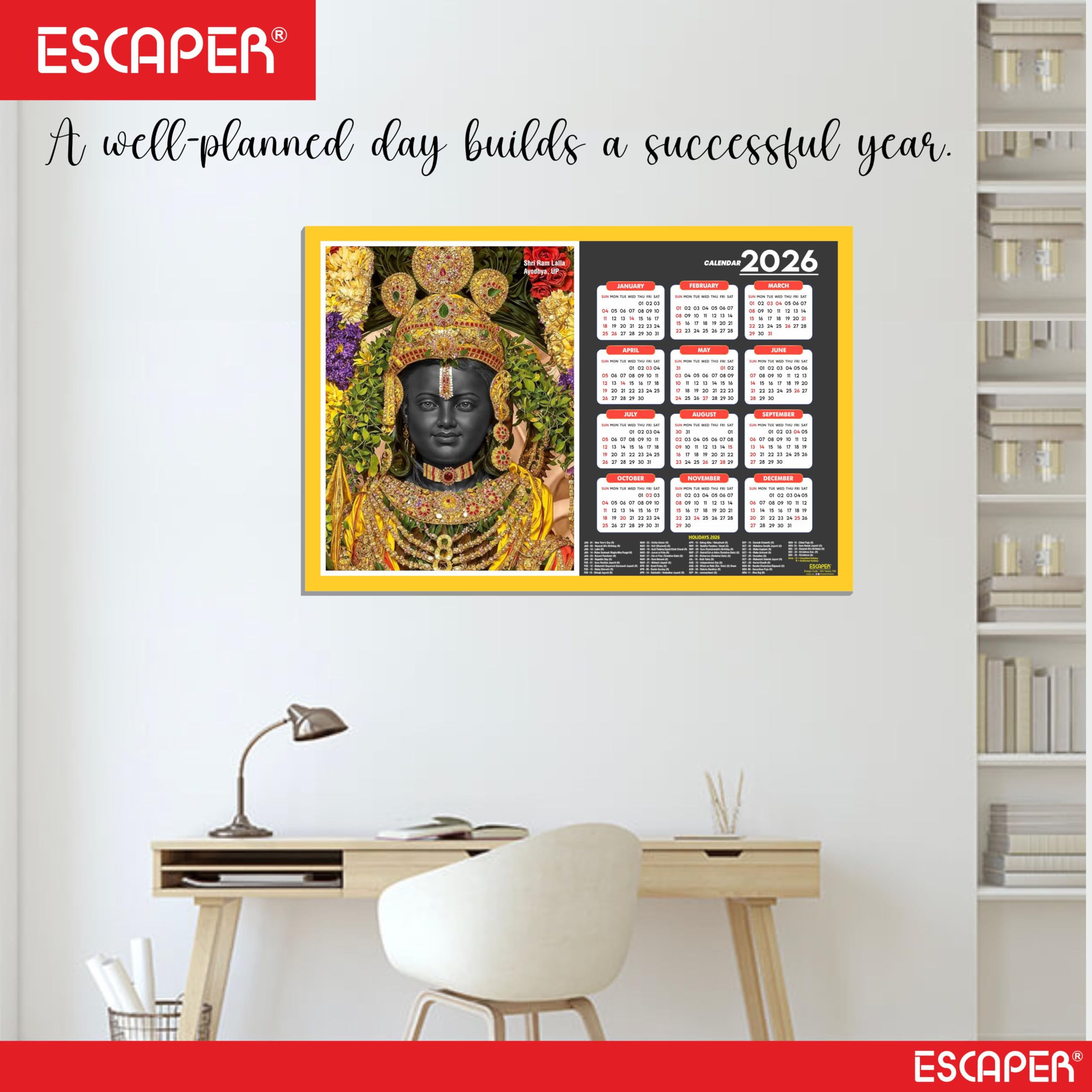 ESCAPER Calendario de pared Shri Ram Lalla 2026 – 45 x 30 cm, templo Shri Ram Lalla y fotos, calendario de pared religioso del dios hindú para el hogar, la oficina y la habitación Pooja