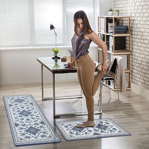 Miniatura 2 de ASPMIZ Tapetes de cocina bohemios azules para piso, 2 piezas, tapetes de cocina acolchados antifatiga, alfombras de cocina de espuma viscoelástica