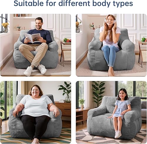 Vista 8 de Silla de Puf Gigante con Brazos - Silla de Sofá de Espuma Premium, Puf Grande de 3 Pies, Sillas de Puf para Salón, Dormitorio, Juegos, Lectura (Gris)
