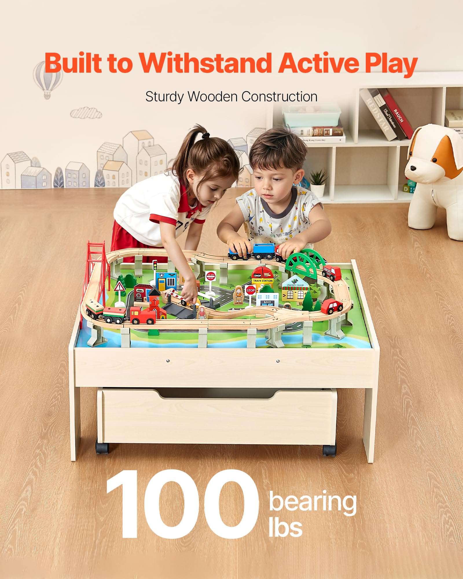 VEVOR Holz Aktivitätstisch, 100-teilig, Eisenbahntisch mit rollender Schublade, 3-in-1-Holzeisenbahn-Set zum Spielen, Malen, Lesen, Essen, kreatives Spielzeug-Set für Kinder ab 3 Jahren