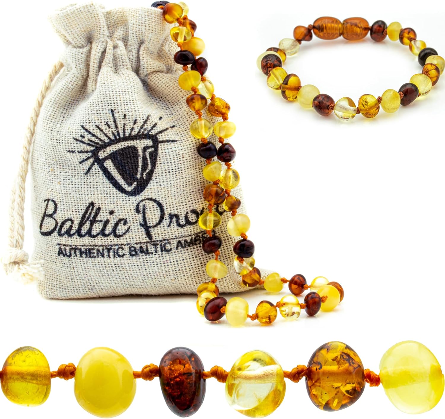 Baltic Proud Amber Necklace and Bracelet Gift Set (Unisex Mix Polished 12.5 Inches/5.5 Inches) - Certified Premium Quality Raw Baltic Sea Amber