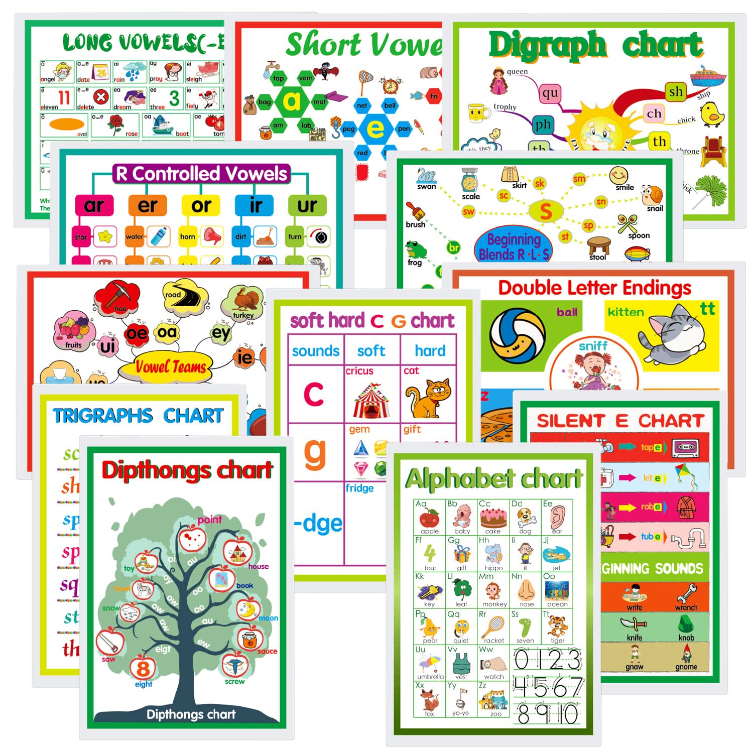 12 English Phonics Language Arts Skills Charts for Toddlers| Learning Vowels Anchor Posters, Sight Words Poster Alphabet Bulletin Board for Home,Kindergarten,Primary School,Classroom Decor(8.2x 12'')