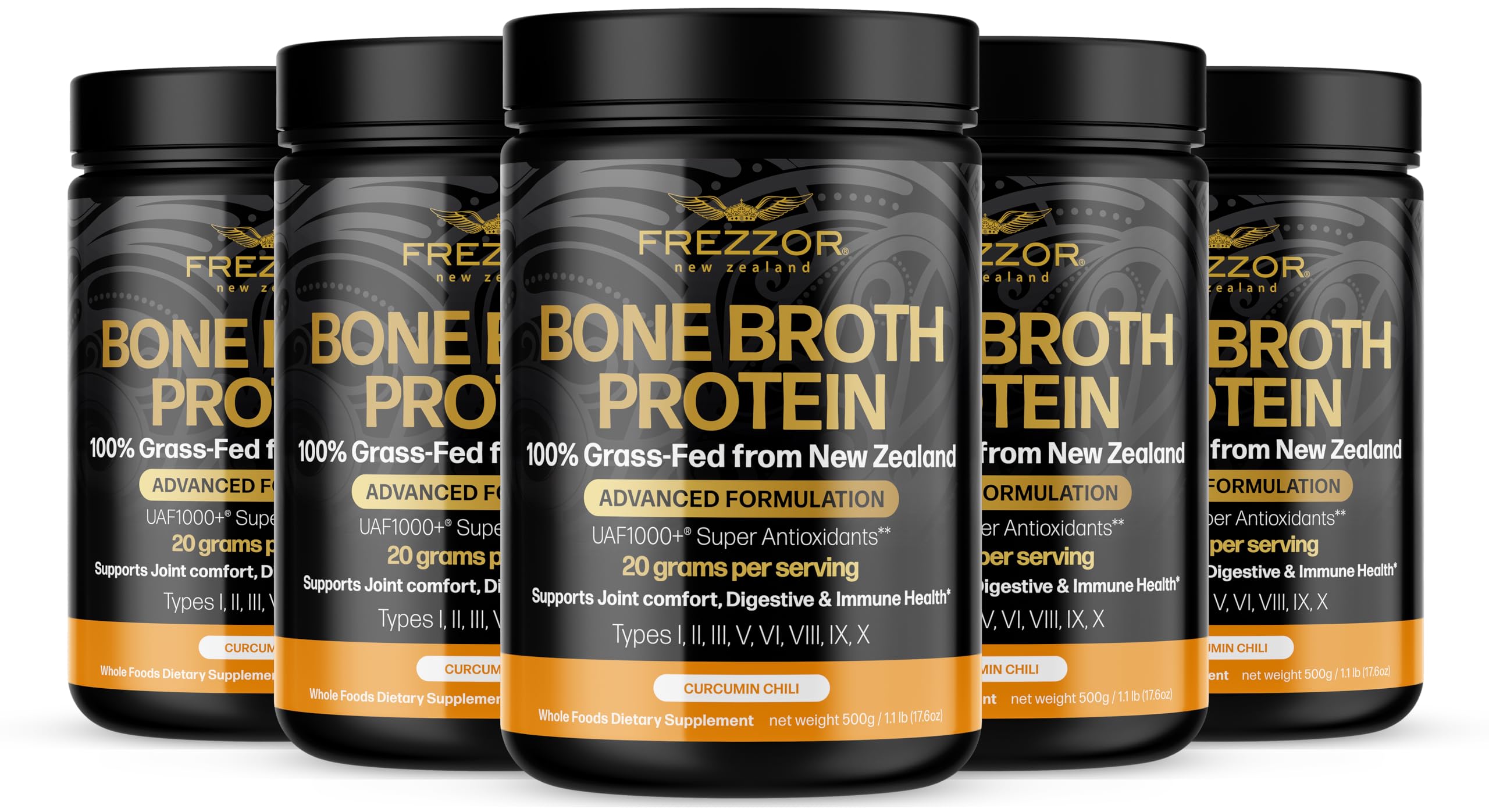 FREZZOR 100 Grass-Fed Collagen Protein Bone Broth with UAF1000 Peptides Type I II III V VI VIII IX