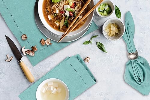 Miniatura 9 de Juego de 12 servilletas de tela de algodón, 20 x 20 pulgadas, doble vainica, color verde aguamarina, lavables a máquina, para bodas y uso diario