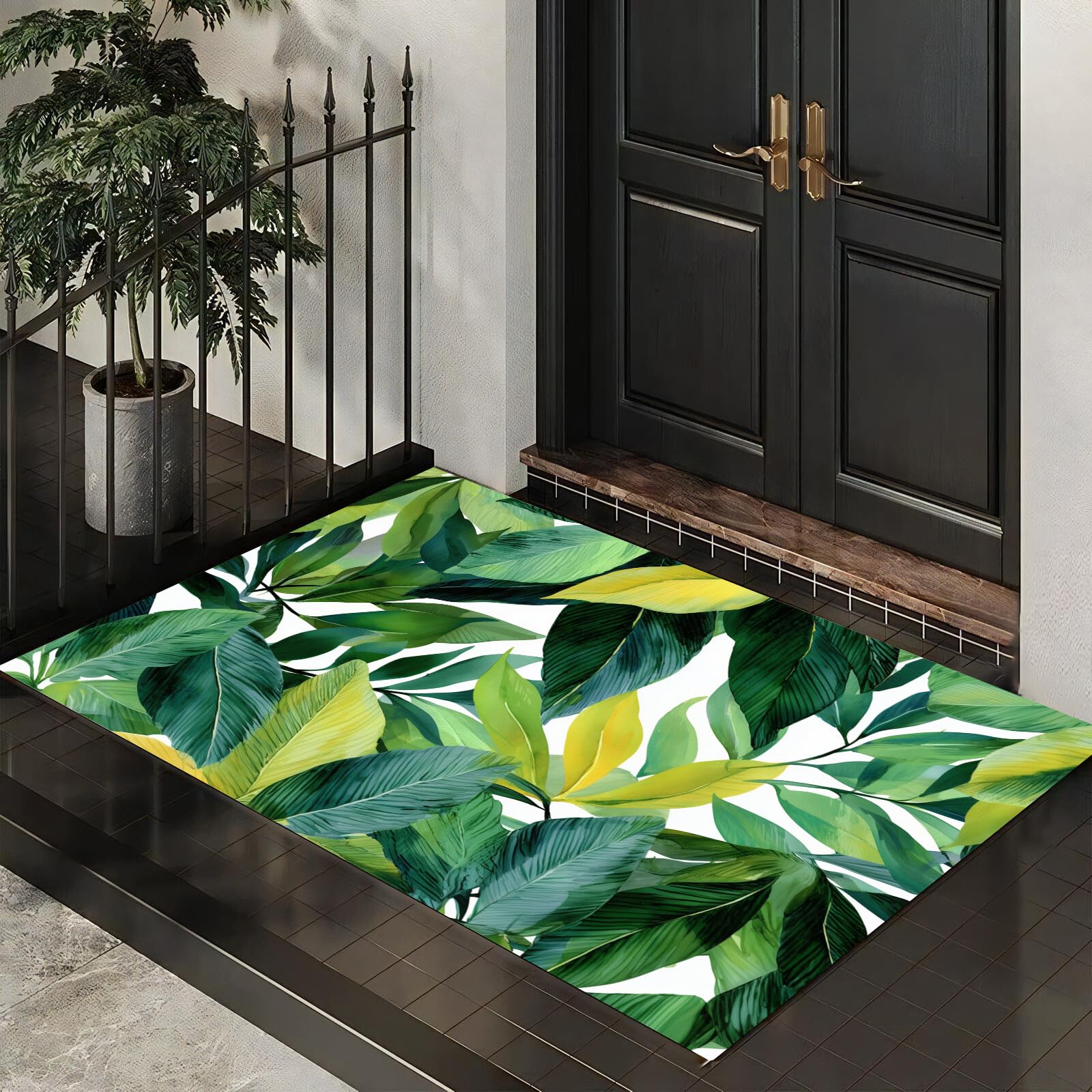 Schmutzfangmatte 80X120Cm, Frische Blätter Rutschfeste & Waschbare Fußmatte Innen, Saugfähiger Türvorleger, Wasserdicht, Ideal Frische Aquarellmalerei Für Eingangsbereich, Haustür & Flur, Gelbgrün