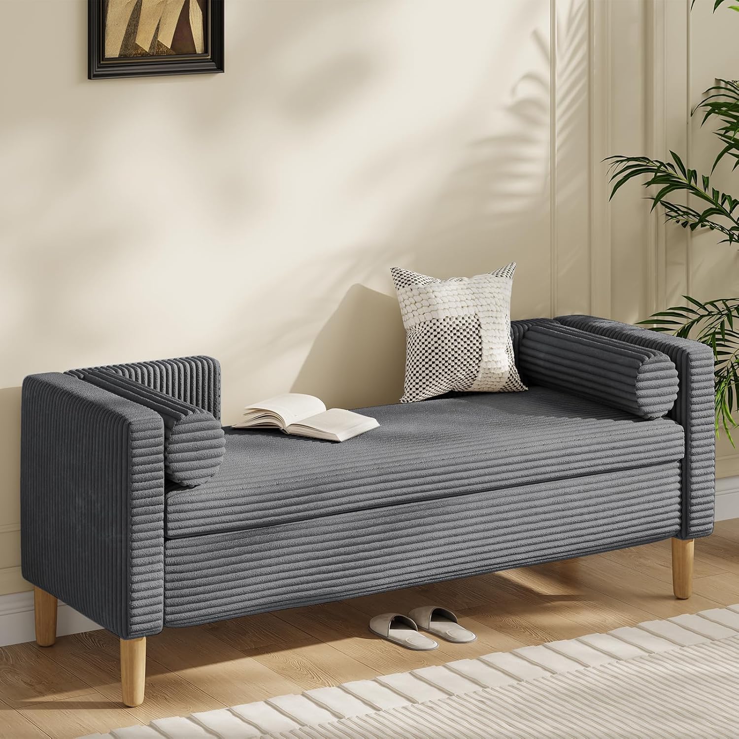 65.35" Storage Bench, Corduroy Upholstered End of Bed Bench with Bolster Pillows, Modern Storage Bench with Natural-Patterned Wooden Legs, Comfy Entryway Bench for Entryway (Charcoal)