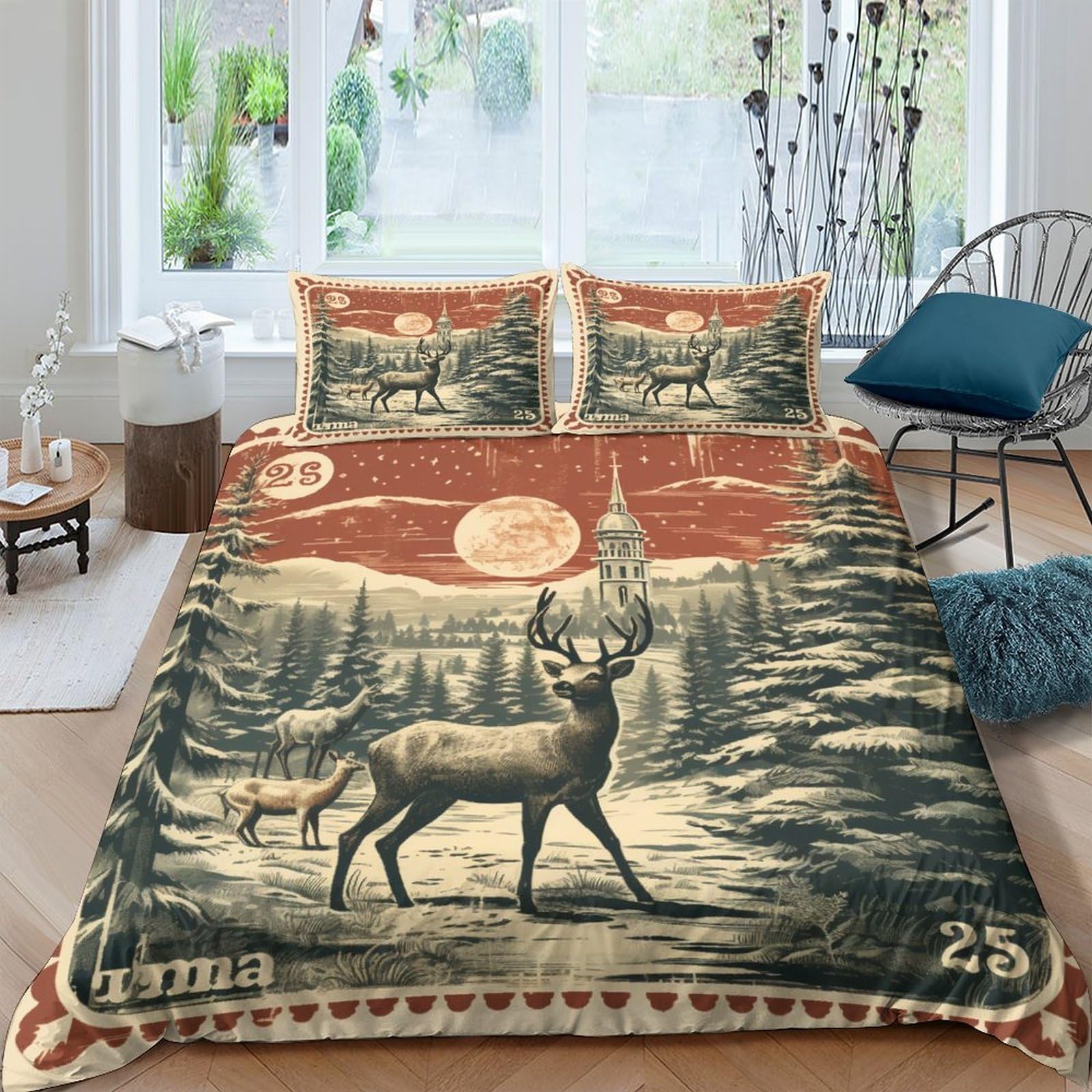 Housse de couette Noël 220x240cm parure de lit 3 pièces microfibre avec taies d'oreiller