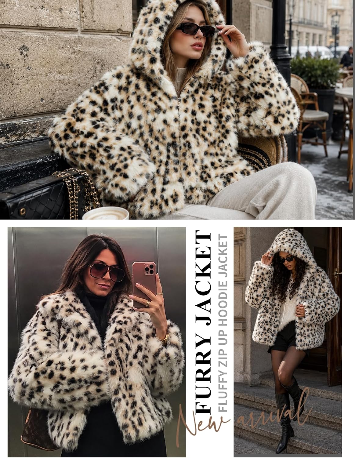 Arssm Women Faux Fur Coat with Hood Fluffy Zip Up Hoodie Jacket