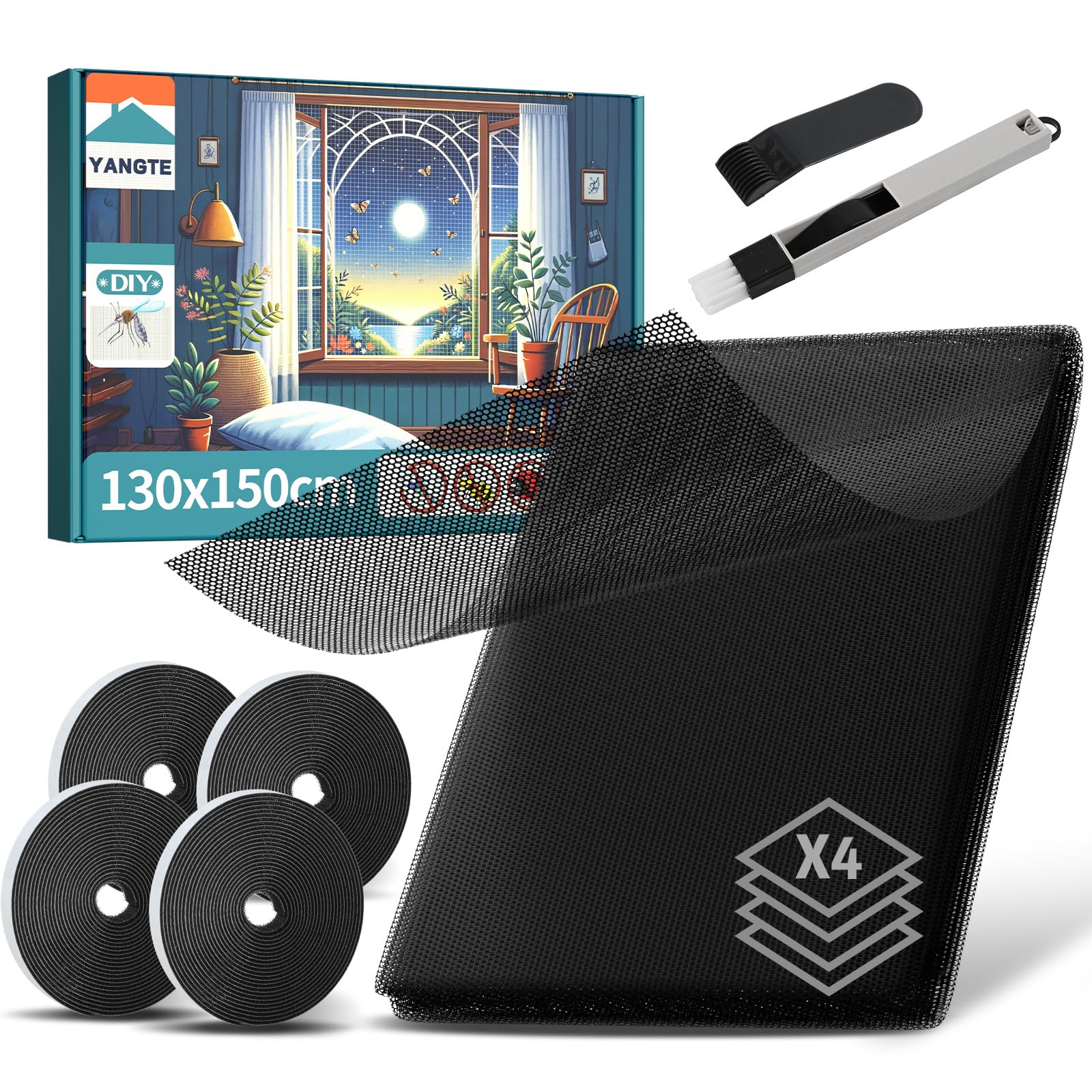 YANGTE Fliegengitter für Fenster 4 Stück 130x150 cm, Insect Stop Insektenschutz mit Klettband selbstklebend, Moskitonetze für Fenster schützen die Familie vor Insekten Schwarz