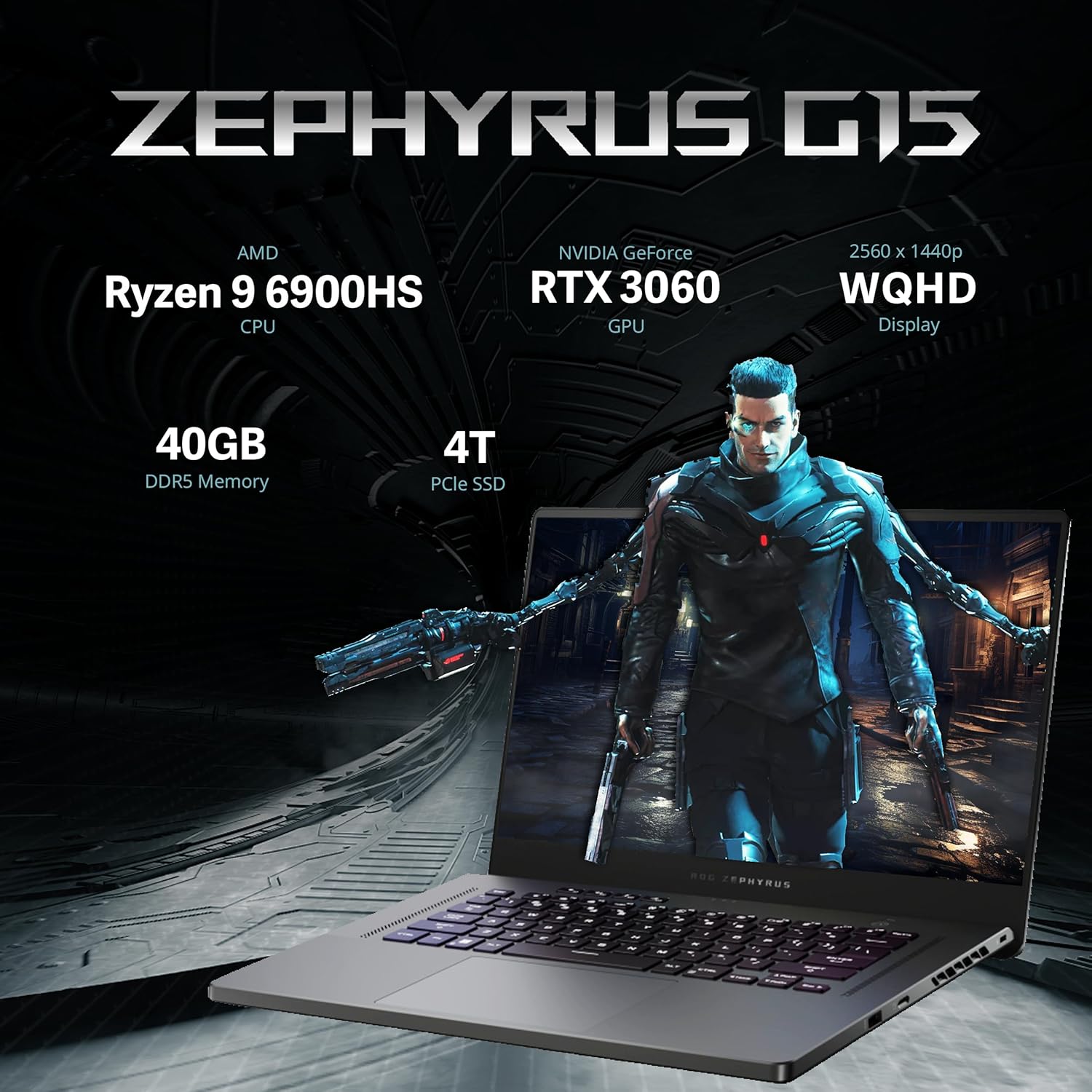 ASUS ROG Zephyrus G15 showcasing AMD Ryzen 9 6900HS CPU, NVIDIA GeForce RTX 3060 GPU, 40GB DDR5 Memory, 4TB PCIe SSD, and WQHD Display