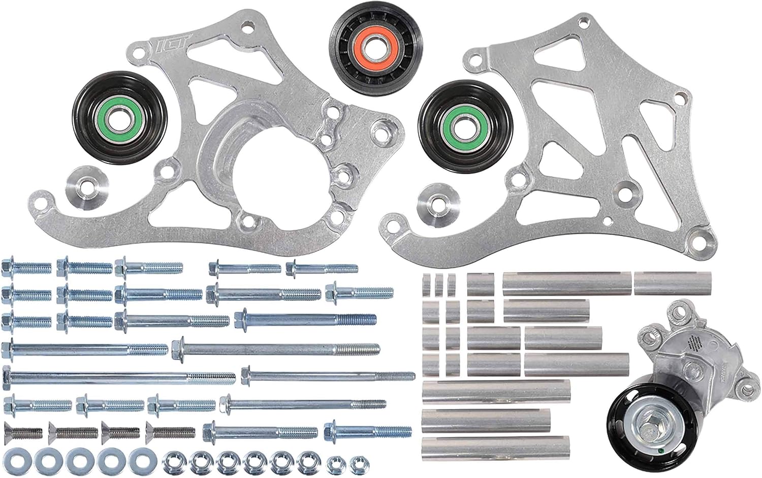 ICT Billet LSA Supercharger High Mount A/C Sanden 508 709 Compressor Bracket Kit CTS-V ZL1 6-Rib Heavy Duty Billet Aluminum Universal Air Conditioner Truck Spacing LS3 LM7 LS 551135-3-508