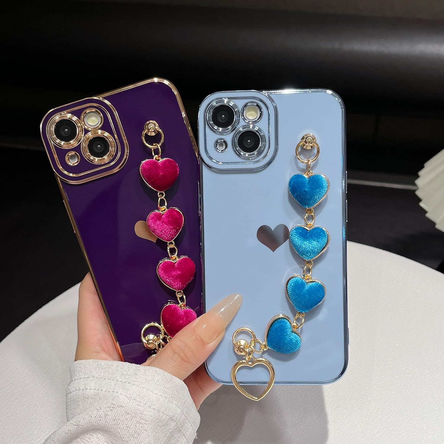 Caseative for iPhone 14 Case,Cute Plating Love Heart Wrist Strap Chain Bracelet Phone Case (Black) - Image 3