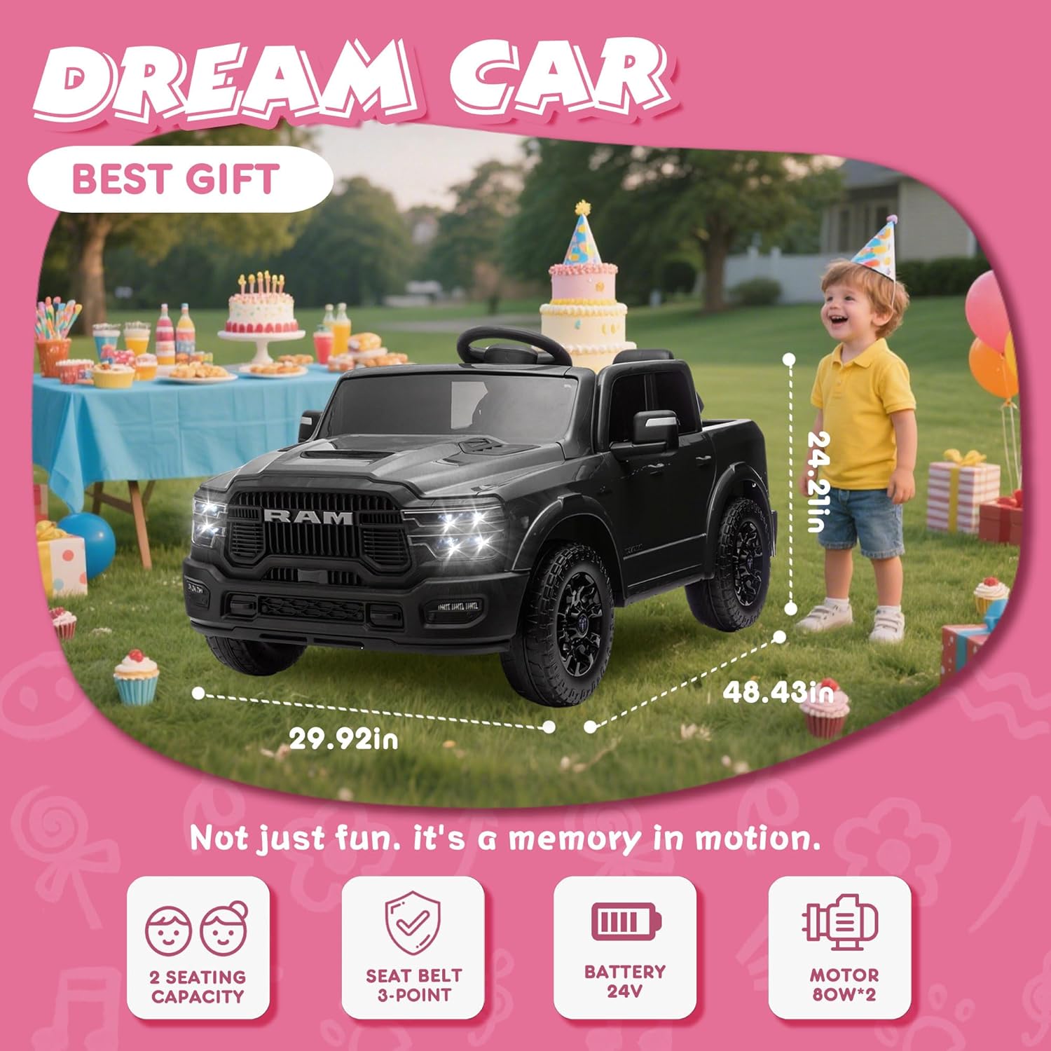 24V 160W Licensed RAM 2500 Ride on Toy for Big Kids, 2 Seater Ride On Car with Remote Controll, Ride on Truck w/4-Wheel Suspension, Truck Bed Storage, Dual-Speed Modes, Soft Start & Stop (Black)