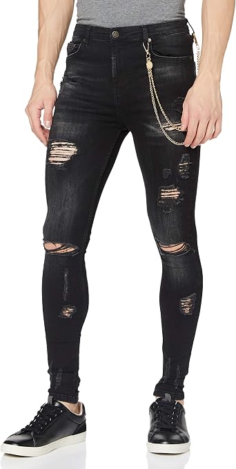 Black Distressed Jeans with Gold Chains 