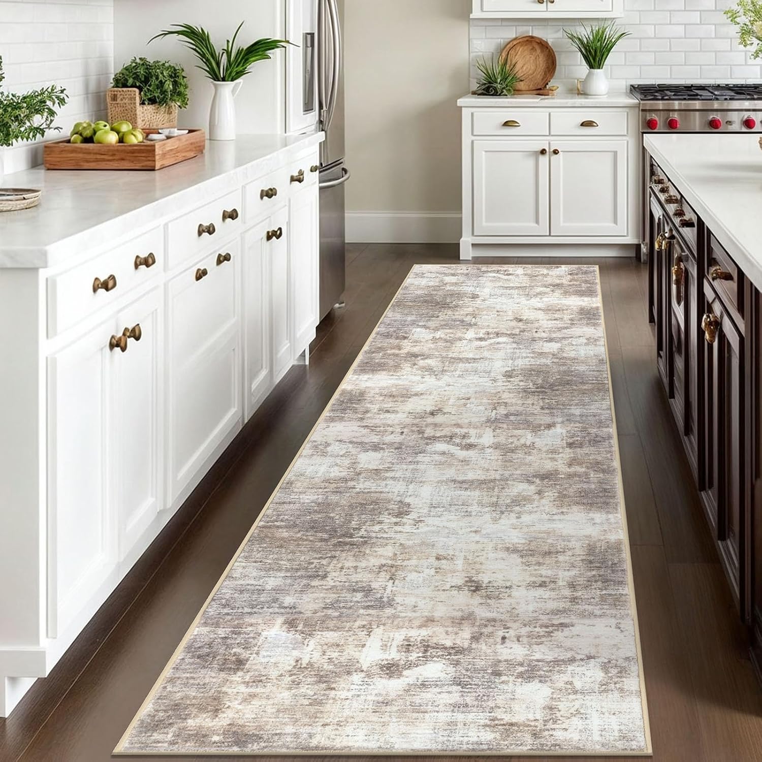 IOHOUZE Abstract Runner Rug 3x10 Ft Washable Runners for Hallways, Non Slip Kitchen Runner Printed Faux Wool Entryway Runner Indoor, Modern Abstract Floor Carpet for Hall Kitchen Bedroom, Beige Brown - Image 2