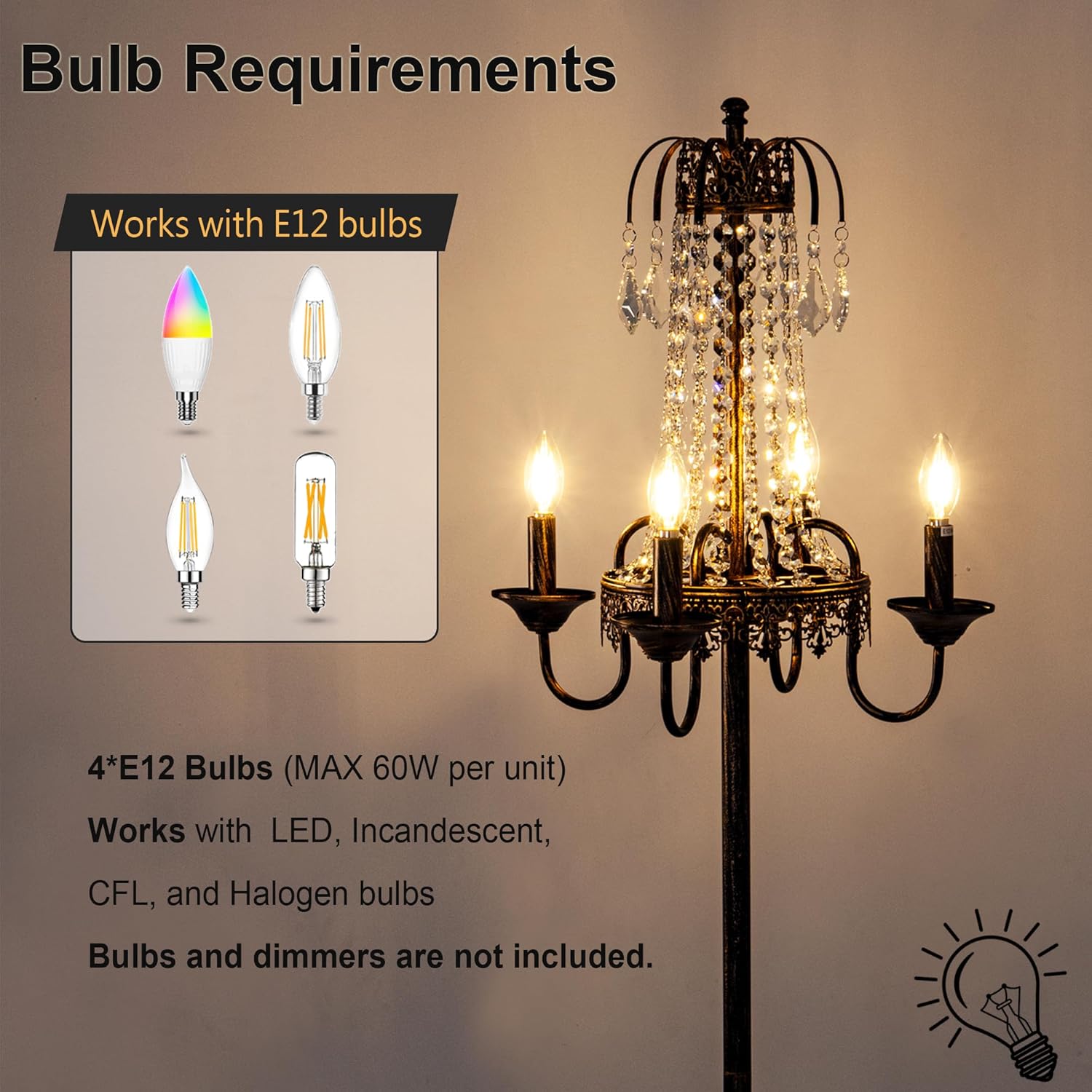 TOCHIC 4 Lights Farmhouse Tranditional Crystal Floor Lamp, Vintage Candelabra Floor Lighting Fixture 62.3" Tall for Living Dining Room, Entryway, Antique Bronze