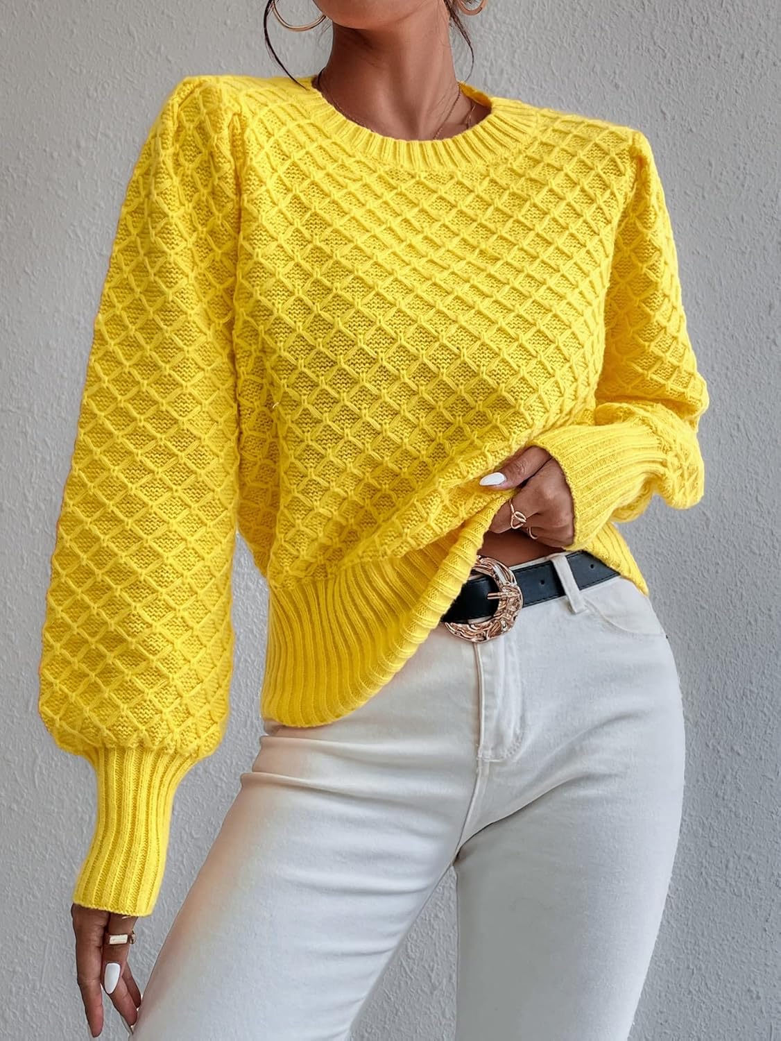 Women's Sweater Argyle Knit Lantern Sleeve Sweater Sweater for Women (Color : Yellow, Size : Medium)