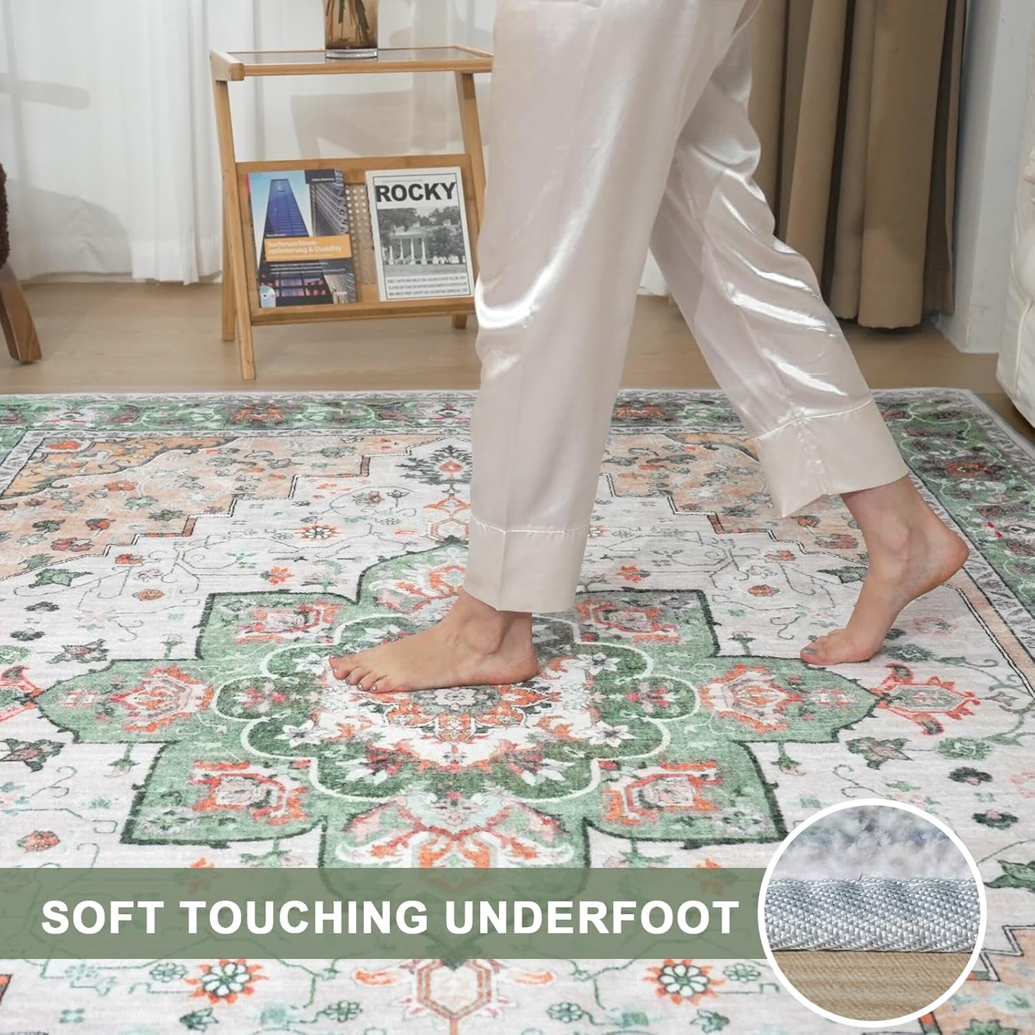 Washable Area Rugs 5'x7' Non-Slip Vintage Soft for Living Room Bedroom Dining Room，Glue-Free Formaldehyde-Free Pet & Kid Friendly, One-Piece Weaving Low Pile Stain Resistant Machine Washable Aug