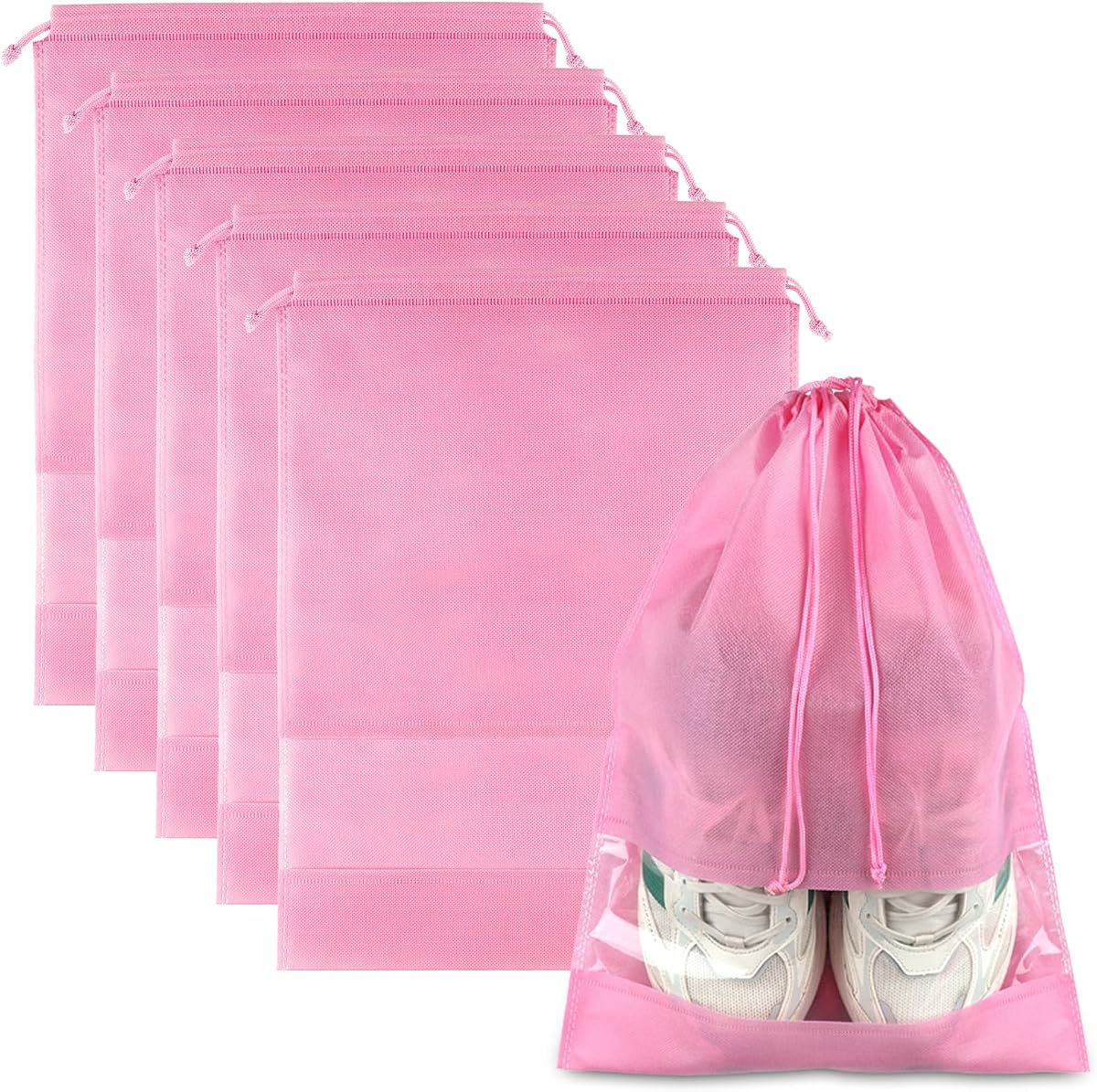 Pink Travel Shoe Bags - 5 Pcs Non-Woven Packing Bags with Clear Window | 15.7" x 11.8" Waterproof Dustproof Portable Travel Shoe Storage Bag for Men and Women