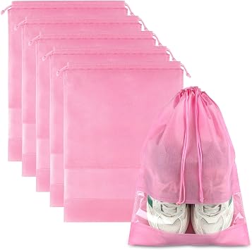 Pink Travel Shoe Bags - 5 Pcs Non-Woven Drawstring Packing Bags with Clear Window 15.7" x 11.8"