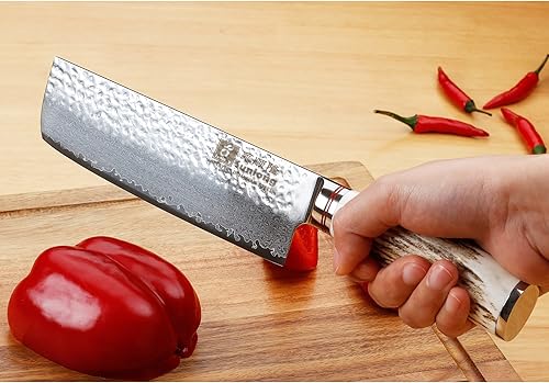 Vista 21 de SUNLONG Cuchillo Santoku de Damasco de 7 pulgadas, cuchillo de chef profesional, japonés de 67 capas, acero de Damasco de alto carbono, mango