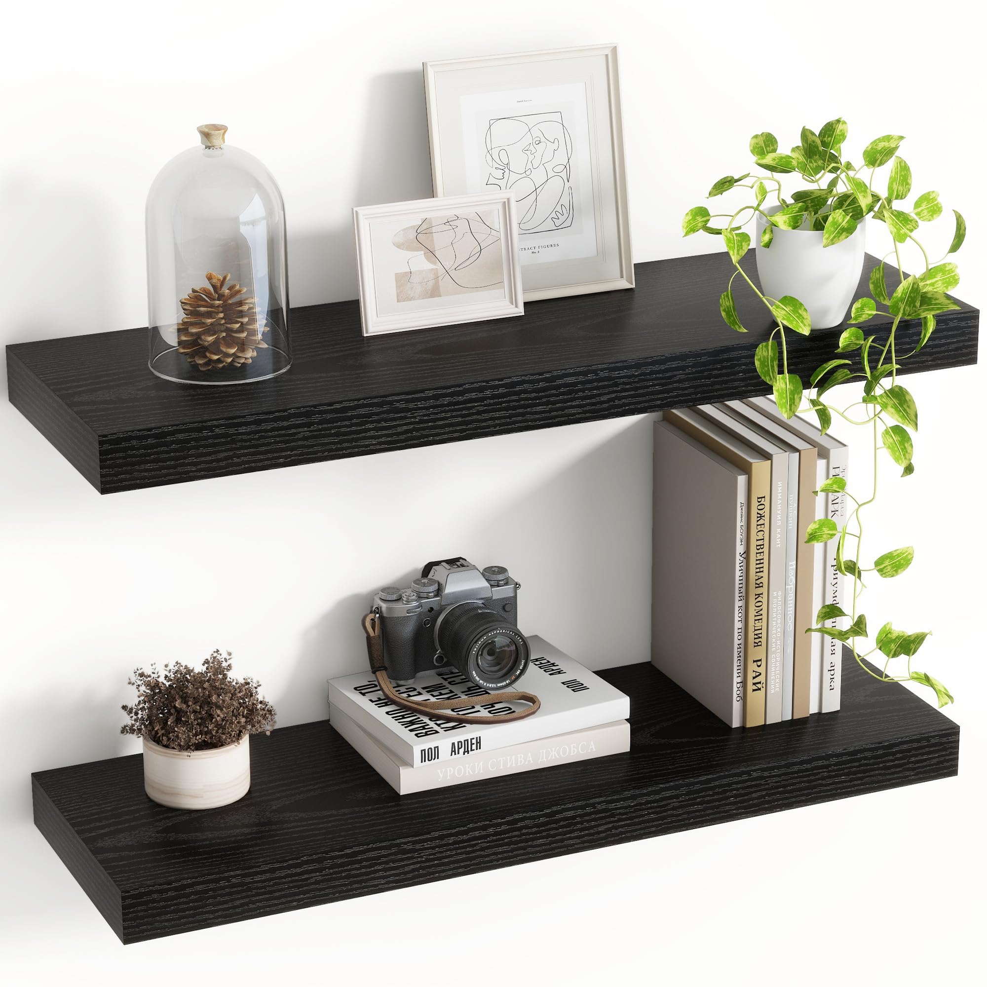 Acovy Floating Shelves for Wall, Extra Deep 60cm Long Wooden Wall Mounted Shelf, Wall Shelves for Living Room Bathroom Bedroom Kitchen, Black, Set of 2 — image 1