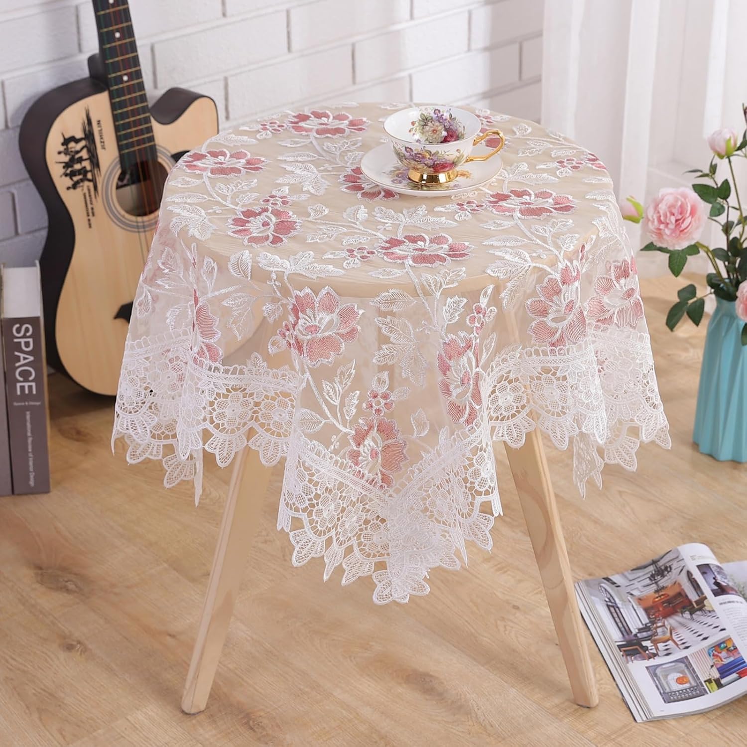 Rakila White Vintage Lace Tablecloth Embroidered Round Tablecloth for Wedding Party Dining Home Decorations, Round 70 inch