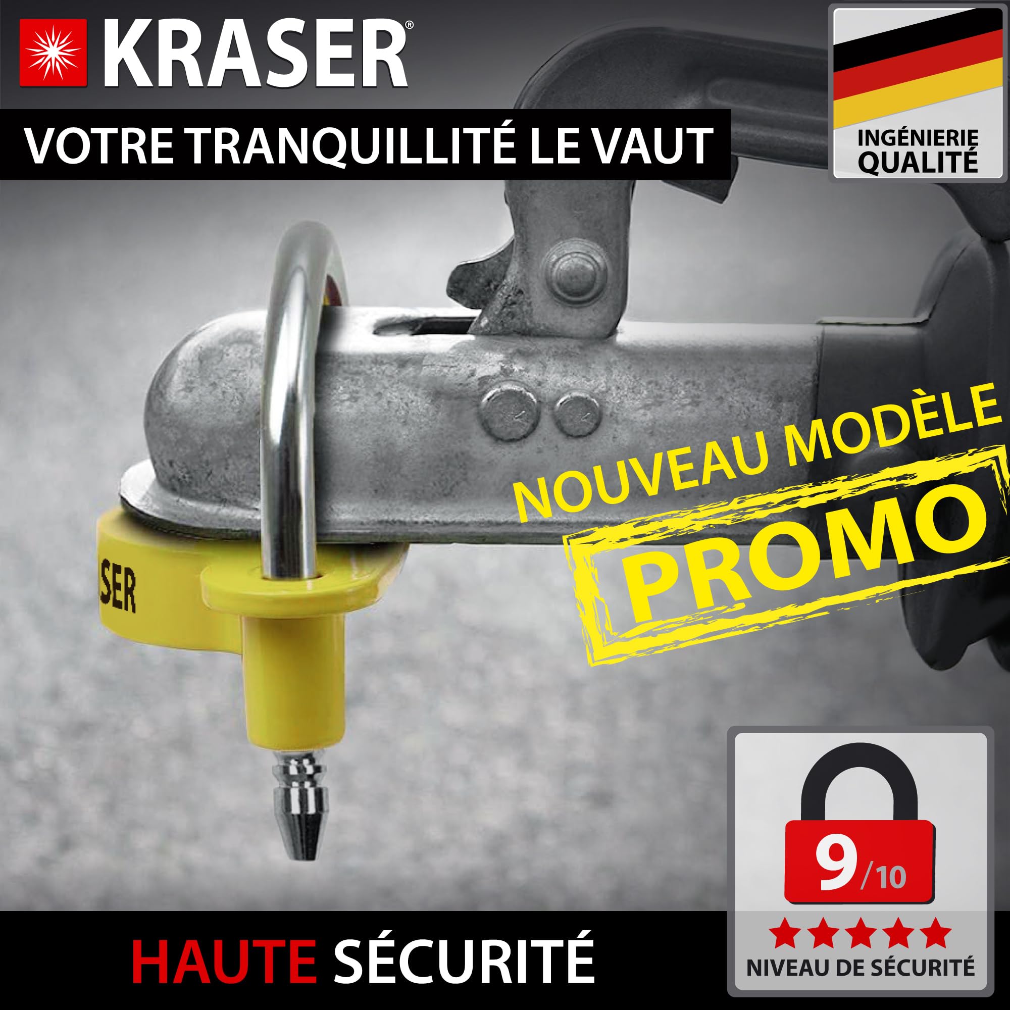 KRASER KR815 Antivol Remorque et Caravane pour Attelage, Verrouillage Haute Sécurité, Très Visible et Dissuasif. Efficace Contre le Vol, Pratique à Utiliser et Testé par des Milliers d’Utilisateurs