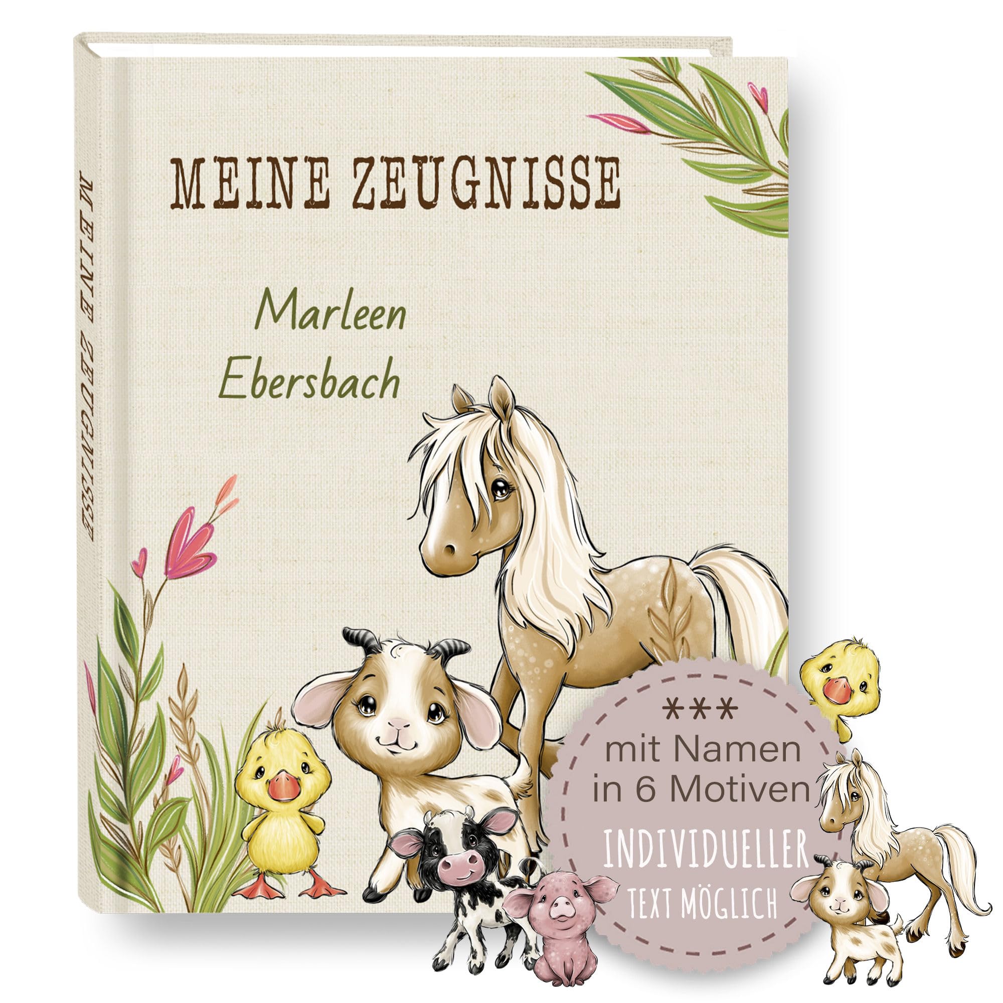 Zeugnismappe personalisiert Farm in 6 Motiven A4 ca. 31x24 cm Zeugnisbuch Urkundenmappe Einschulung Schulanfang Pferd Ente Kuh Ziege Ferkel