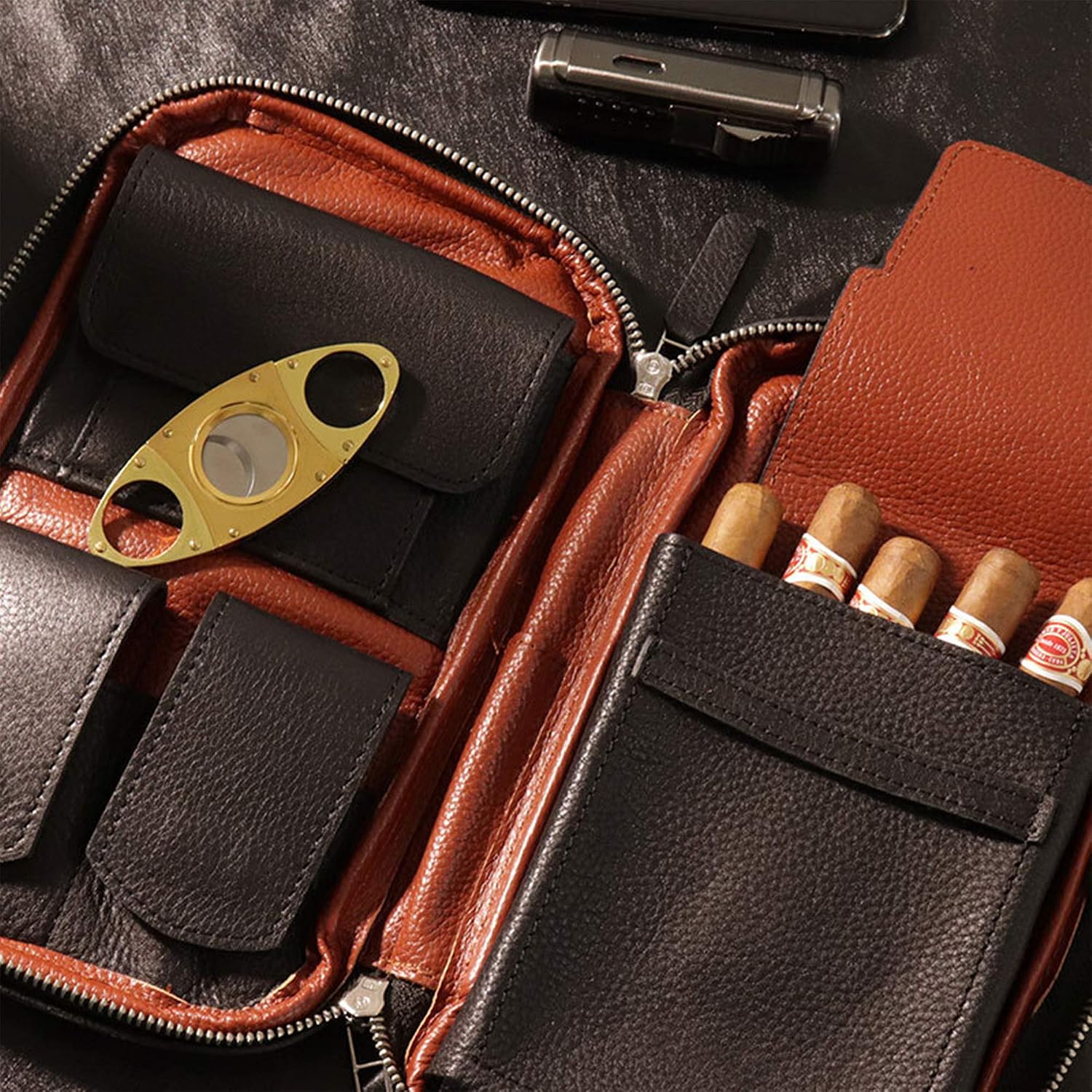 Rustic Durable Slim Leather Cigar Case Holder for 5-6 Cigars, Classic Portable Travel Case Maintains Humidity Handmade Holster, Black