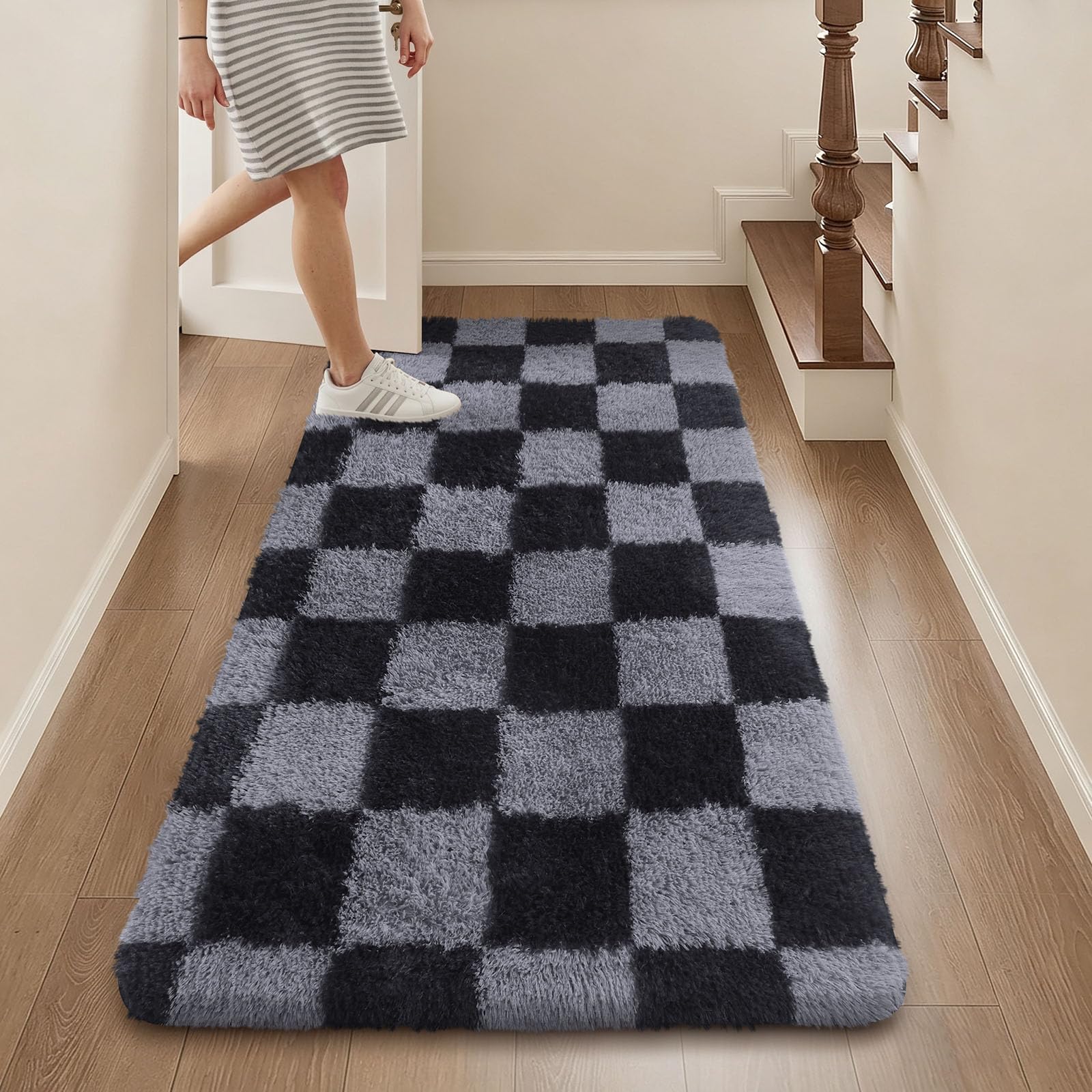 Homaxy Checkered Hallway Runner Rugs Living Room 80 x 150 cm, Black&Grey