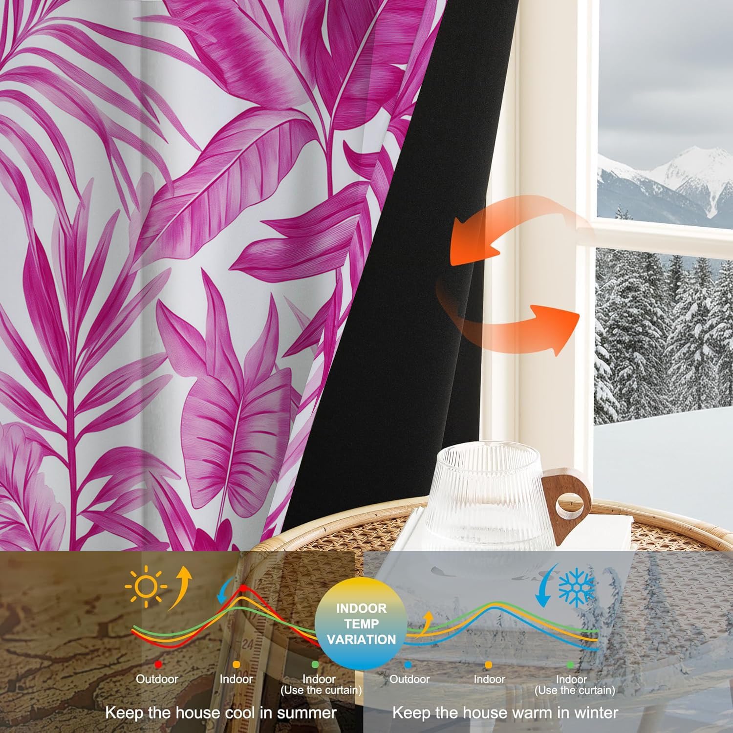 95% Rideaux Stampa a base vegetale Foglie di palma e foglie di banano, Isolation Thermiques, Tissu Doux et Infroissable,pour Chambre Salon Cuisine, Rosa 117 X 137 cm Lot de 2