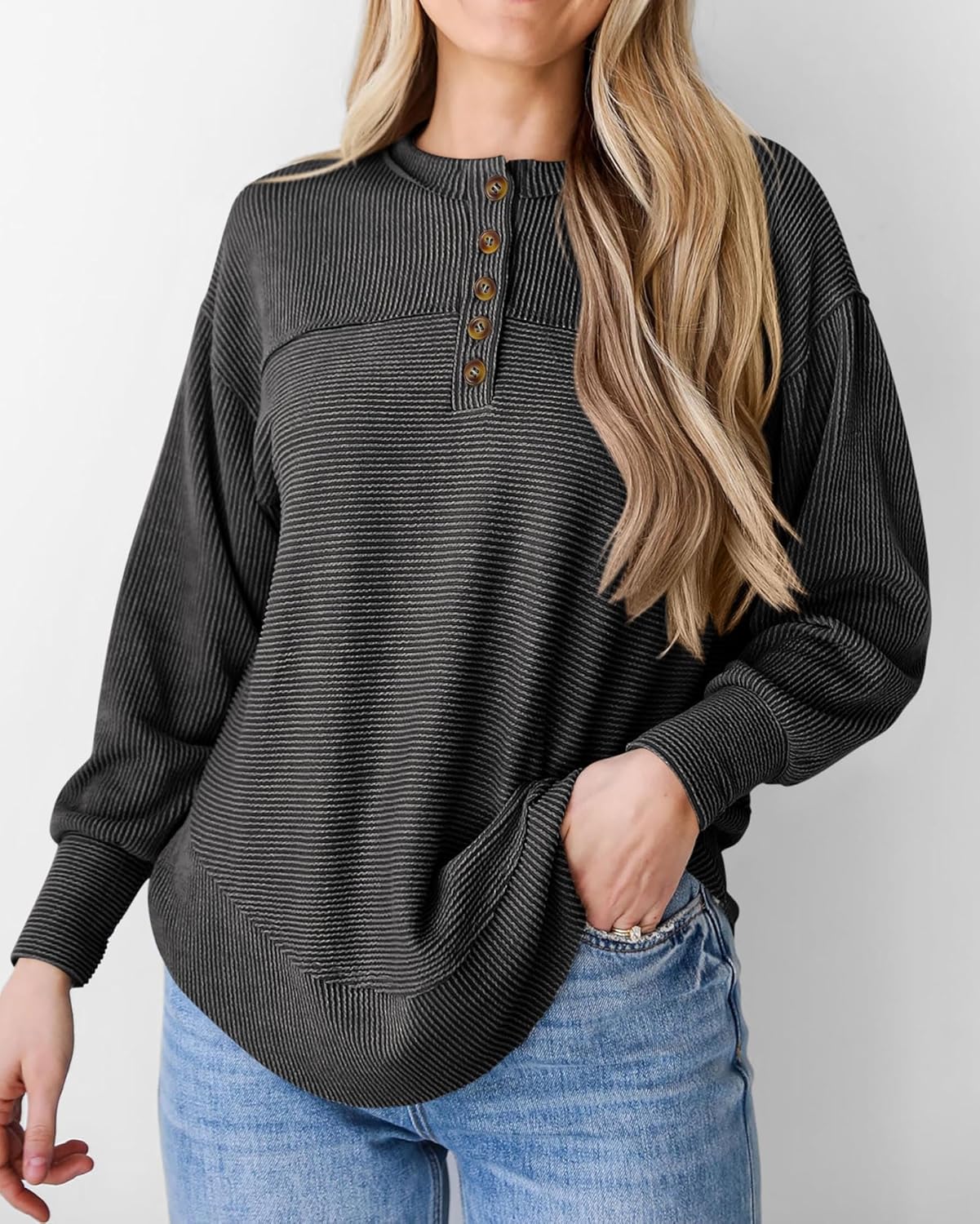 KIRUNDO Going Out Tops for Women Henley Shirts 2025 Casual Ribbed Knit Long Sleeve Tunic Summer Fall Button V Neck Blouse - Image 2