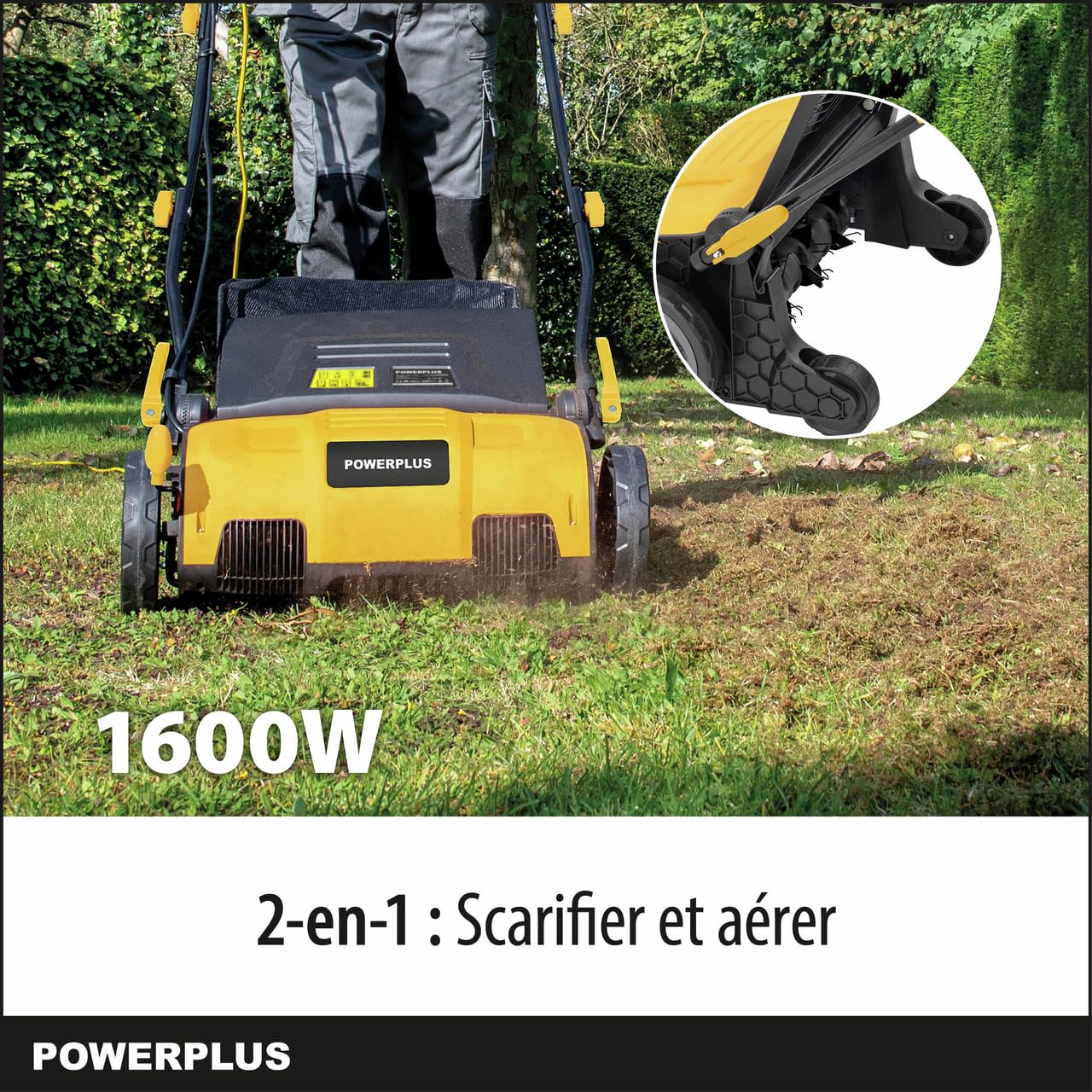 Powerplus POWXG75160 elektryczny wertykulator do trawnika, 1600 W, szerokość cięcia 360 mm, wentylator 2 w 1 i elektryczny wertykulator do Twojego ogrodu