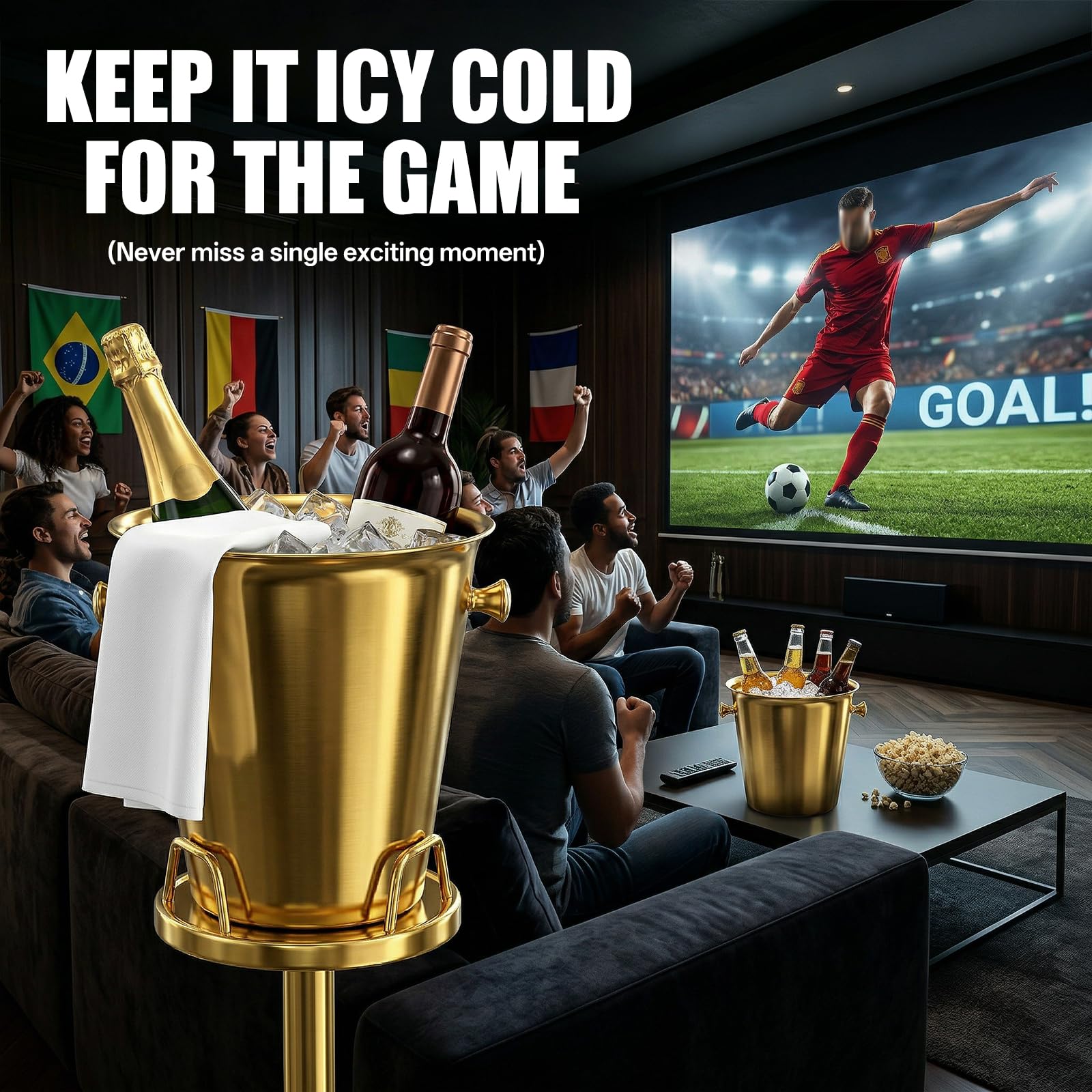 Cubitera de hielo dorada con soporte, enfriador de champán de acero inoxidable 201 de 5 L, con base de 90 cm, decoración lujosa para barbacoas, fiestas, bares, botellas de refrigeración