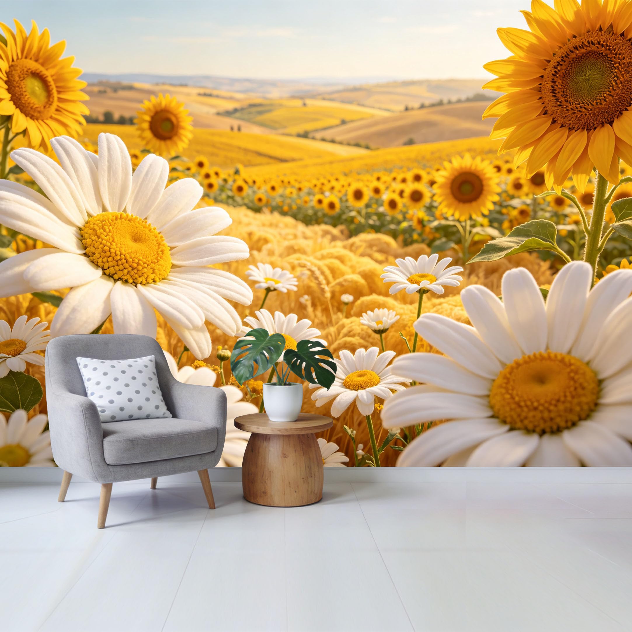 Qzlithotic Yq2605250767 Custom Size Wall Mural Golden Sunflower Daisy Field Landscape Tuscan Hillside View Selfadhesive Wall Fabric Removable Wallpaper For Home Office Decor