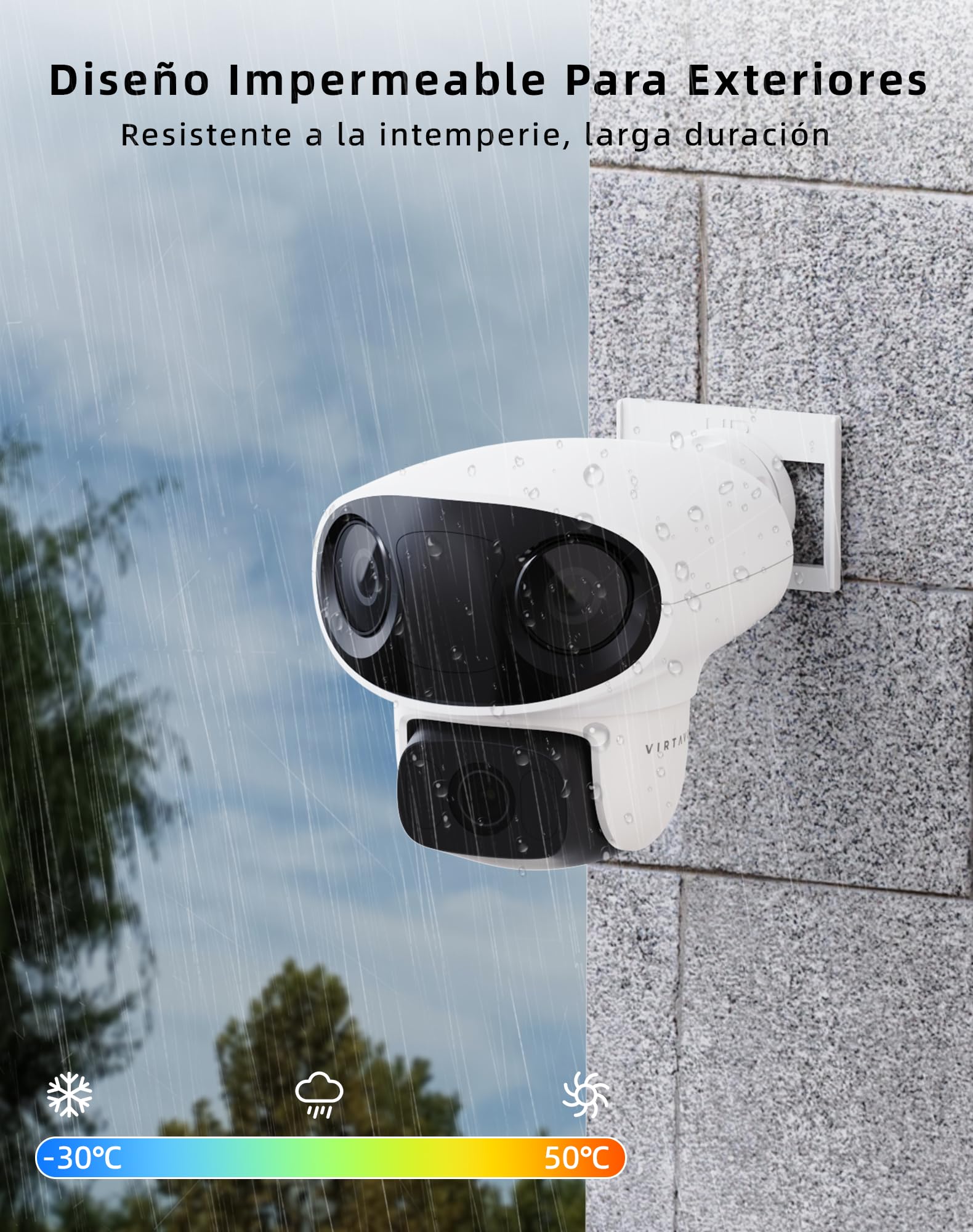 VIRTAVO Cámara de Vigilancia Exterior Tres Ojos, WiFi HD 1080P Visión Nocturna a Color, Audio Bidireccional, Detección PIR, Almacenamiento Nube/Tarjeta SD, Compatible con Alexa 2.4GHz