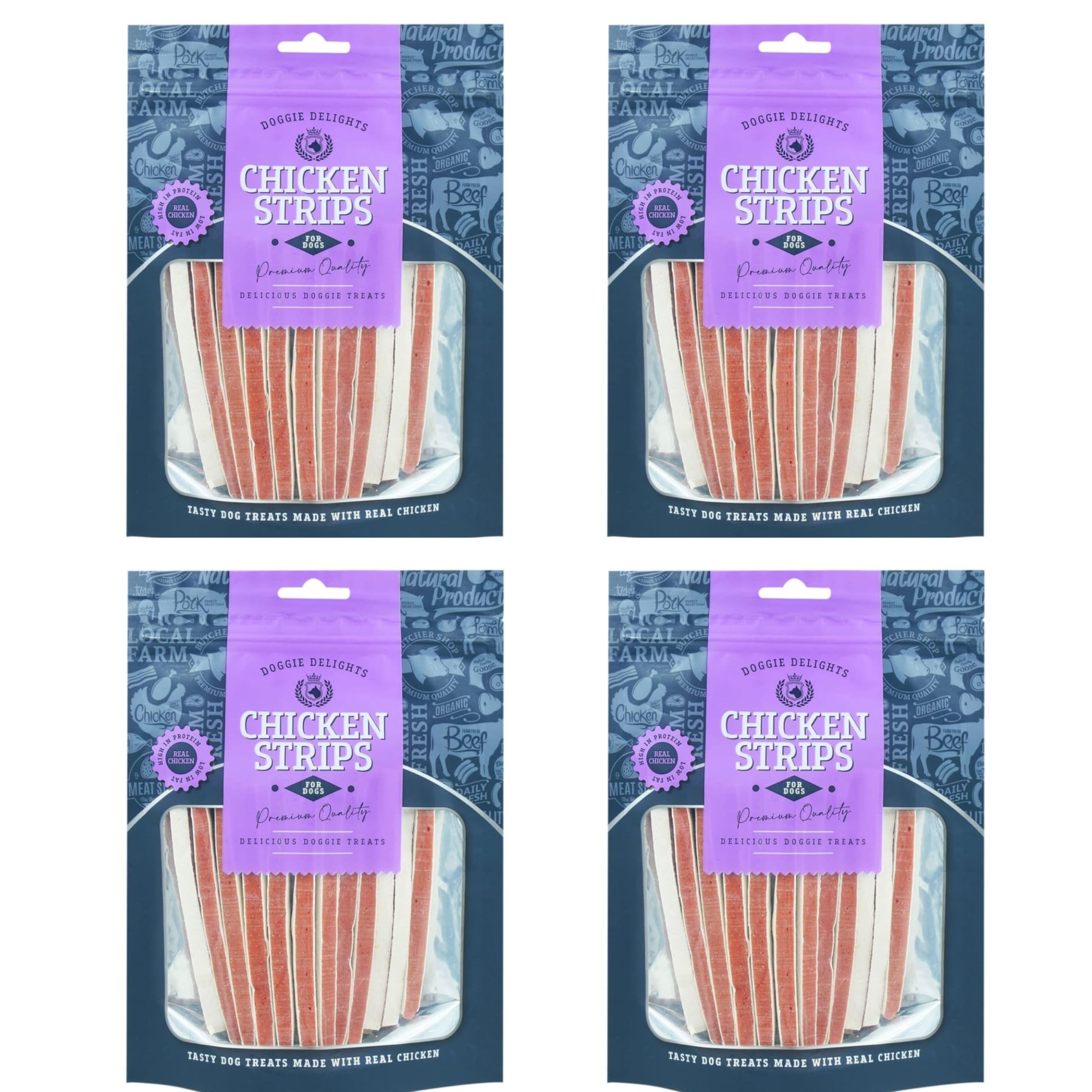 Doggie Delights Dog Treats Premium Quality Delicious Doggie Healthy Treats For Dogs Low in Fat Real High In Protein Pack of 4 x 190g (Chicken Stripes)