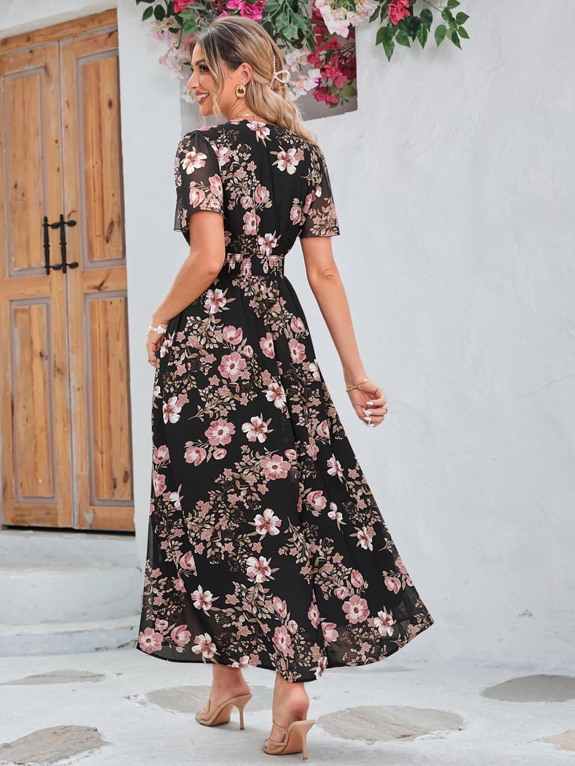 Simplee Women's Boho Floral Maxi Dress Flowy Casual V Neck Short Sleeve Wedding Guest Holiday Beach Long Dress - Image 4