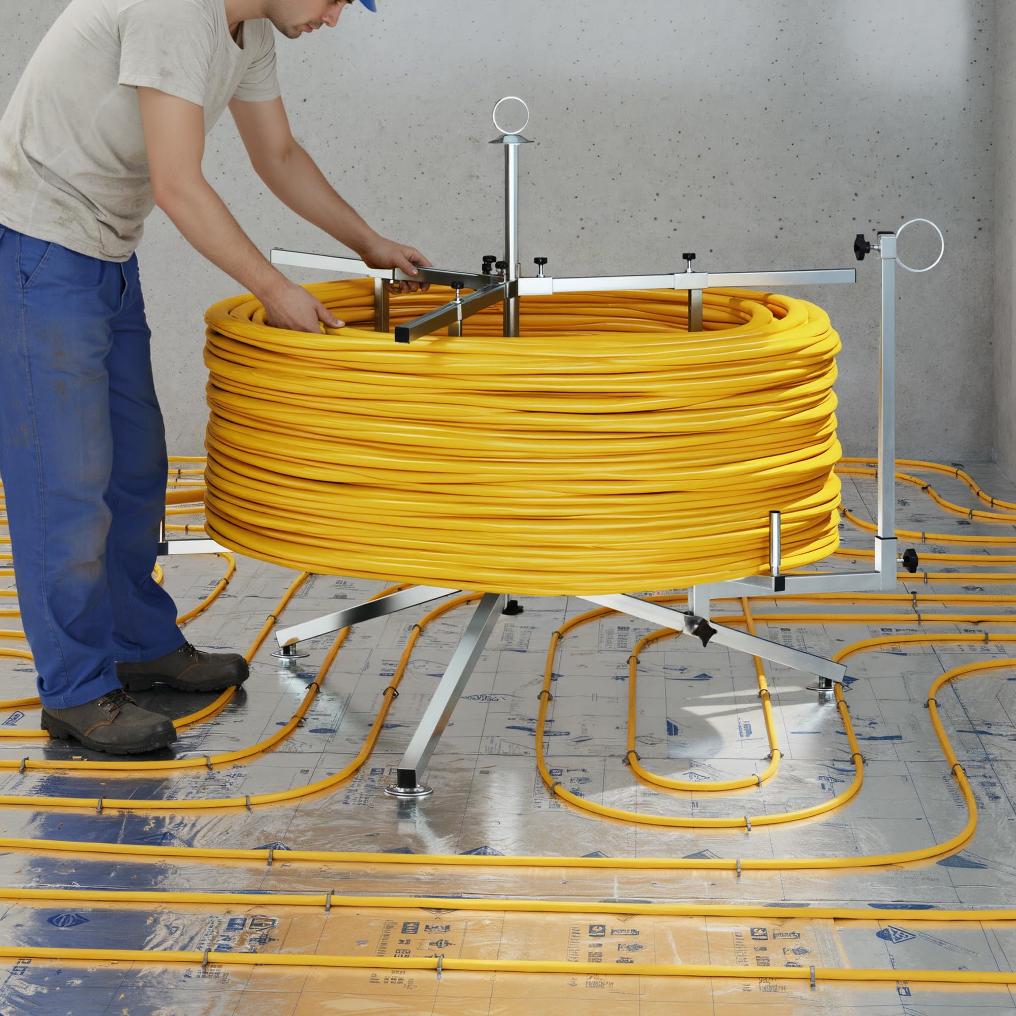 Avvolgicavo per riscaldamento a pavimento, tubo max. 300 kg, portata 600 m, lunghezza rotolo per tubo PEX, PERT, AL/PEX con custodia