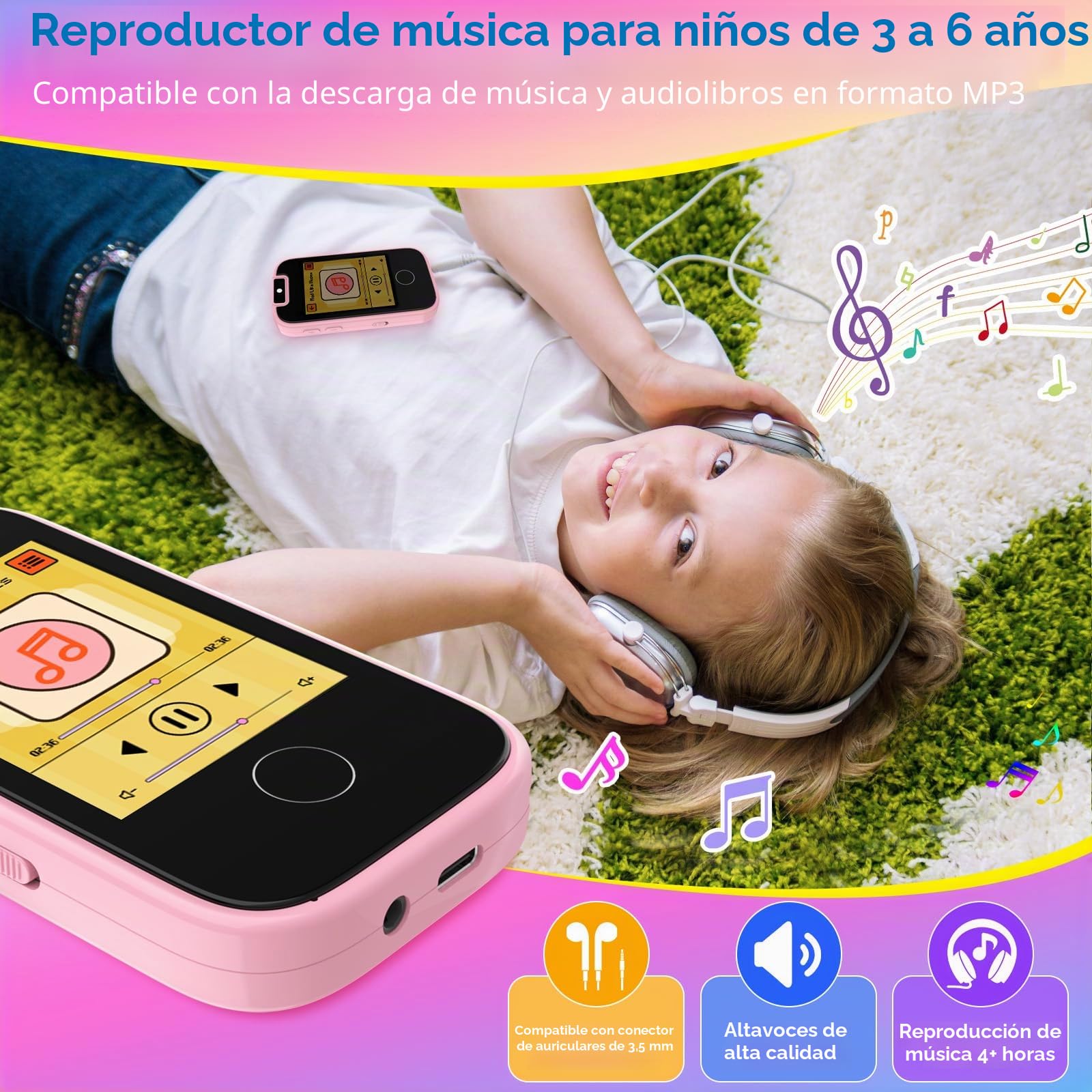 Dhapy Teléfono móvil para niños, pantalla táctil, reproductor MP3 con doble cámara, niños y niñas, regalo de cumpleaños, teléfono de aprendizaje, juguete a partir de 3, 4, 5, 6, 7, 8 años, con tarjeta