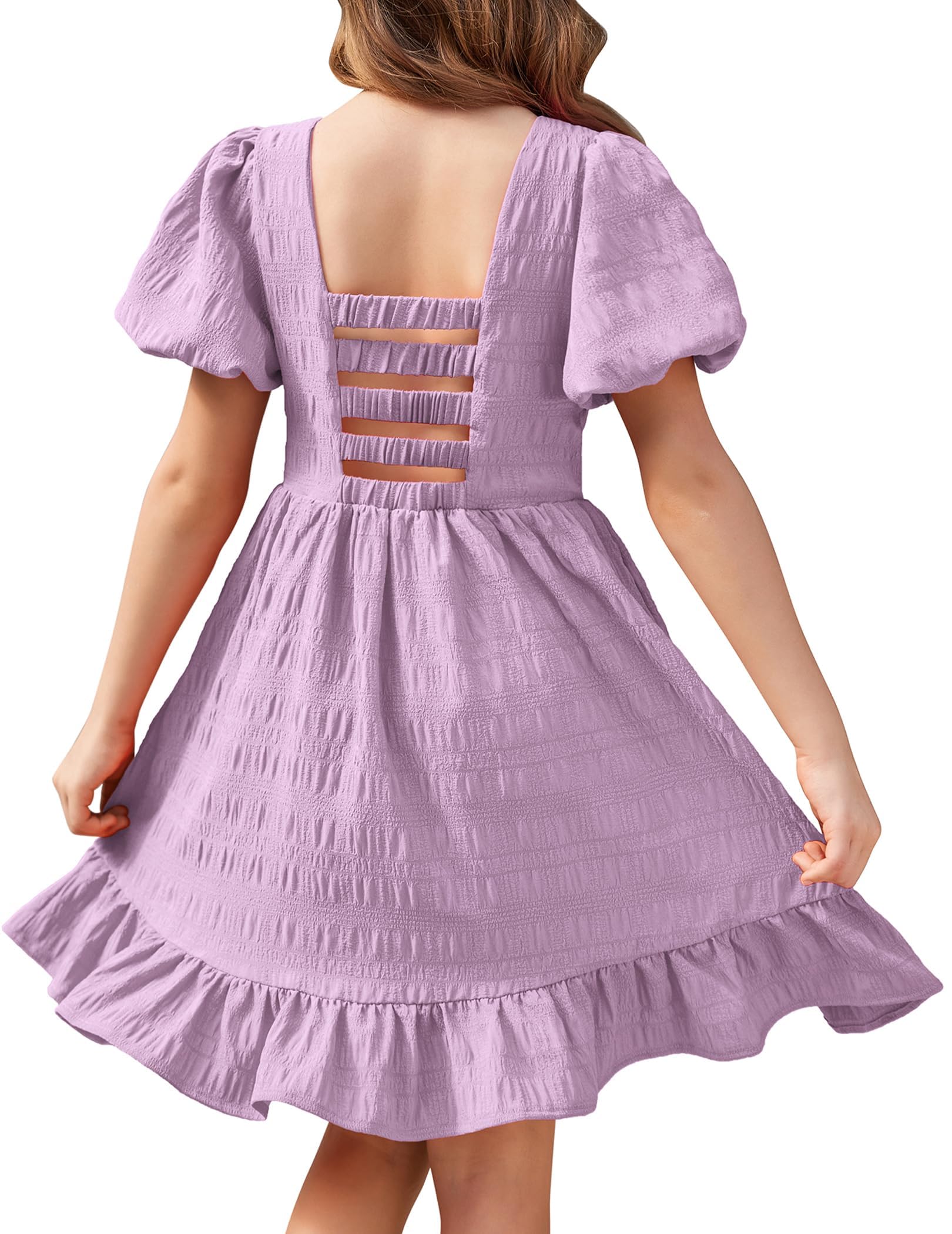 Arshiner Vestido de Princesa para Niñas Sin Espalda Puff Manga Corta Niños Elegante Desfile Vestidos de Fiesta de Cumpleaños Cuello Cuadrado Dobladillo con Volantes 5-16 Años