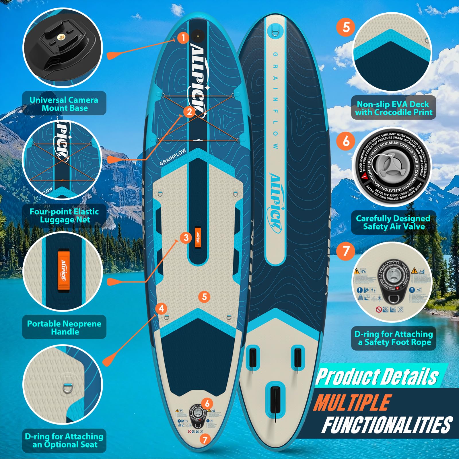 ALLPICK Premium SUP Board Set, Stand Up Paddling Board Aufblasbar, Mit Universal Kamerahalterung, Komplettes Zubehör, Verstellbares Paddel, Anfänger, Fortgeschrittene,200kg