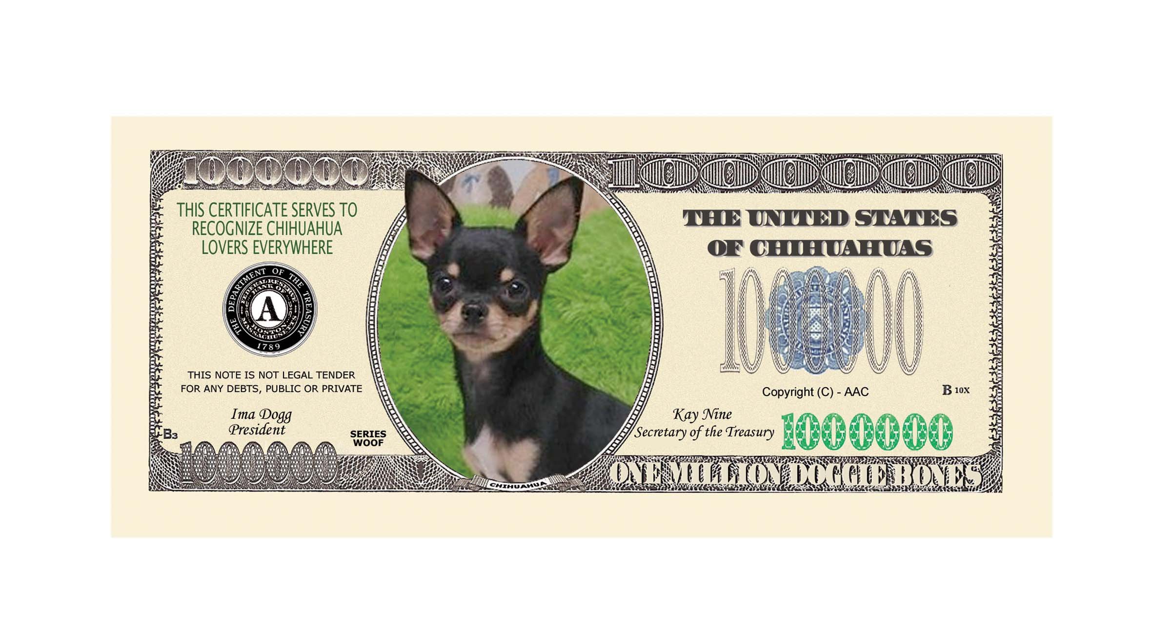 Chihuahua Million Dollar Novelty Bill - Fun Collectible Fake Money For Dog Lovers