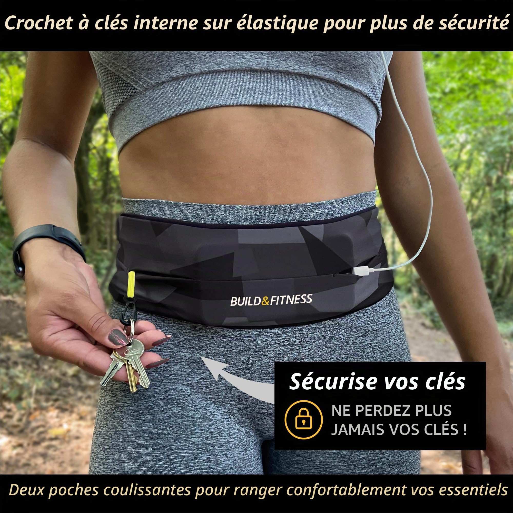 Build & Fitness Sac Banane – Taille Ajustable, Pochette Smartphone Légère, Mains Libres - Convient à Tous Les Téléphones, Clés, Cartes, AirPods - Marche, Yoga, Ceinture Course A Pied Hommes et Femmes
