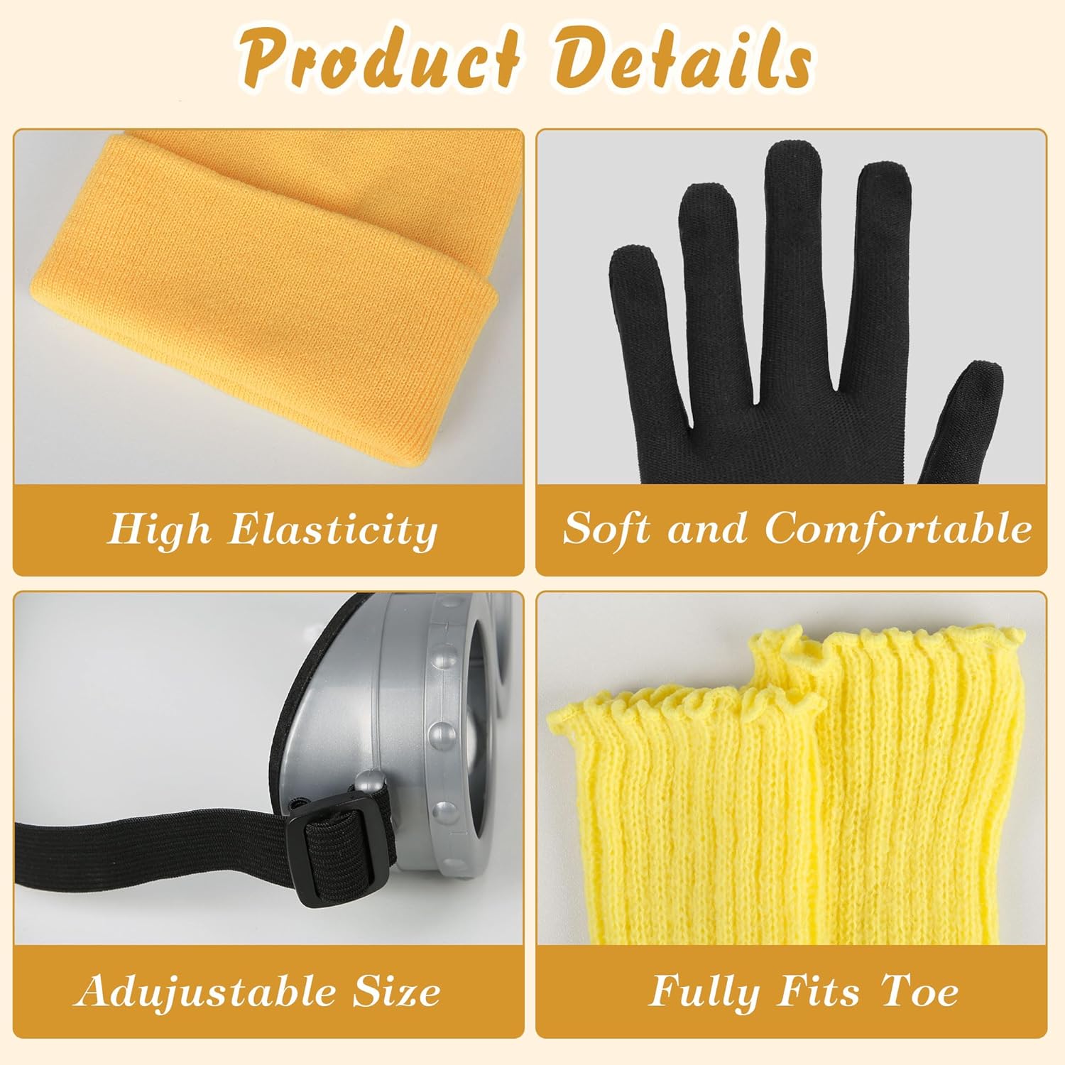 6 Pcs Women's Halloween Costume Accessories Set, Goggles/Yellow Beanie/Blue Dress/Blue Suspenders/Gloves/Yellow Stockings - Image 2